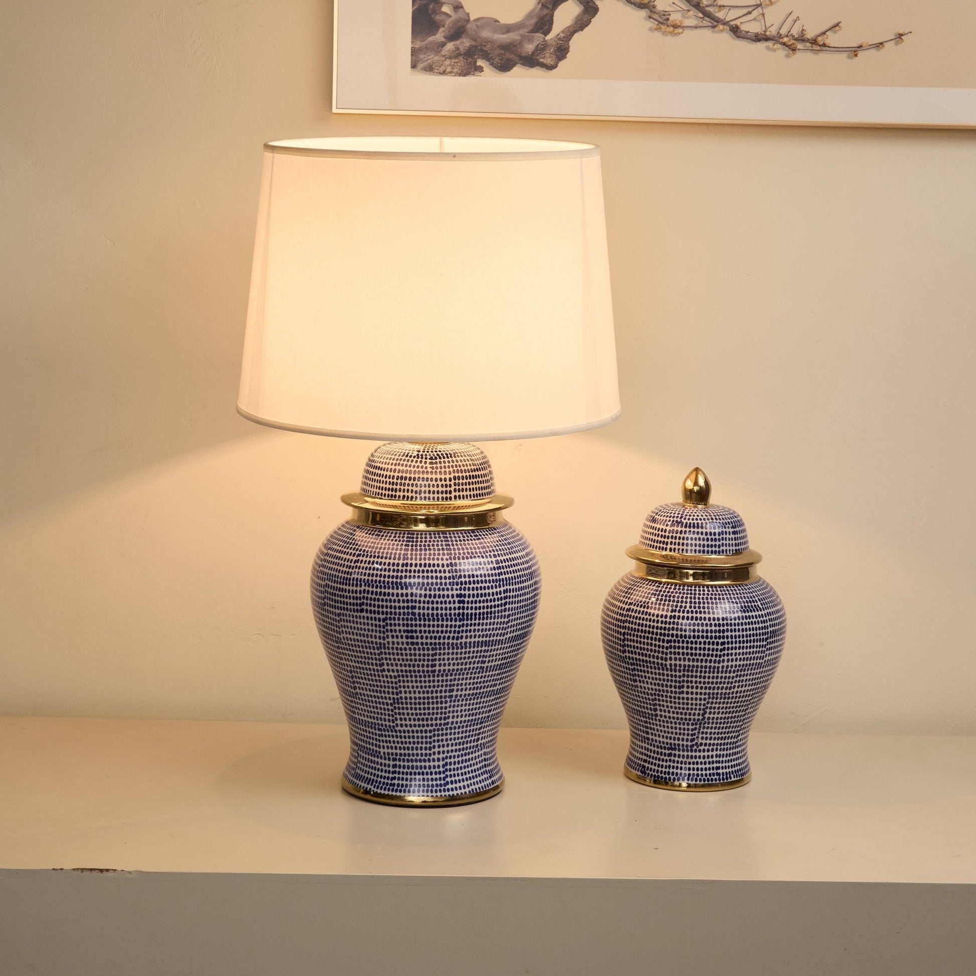 Indigo Dot Patterned Ceramic Table Lamp-Neutral Decor