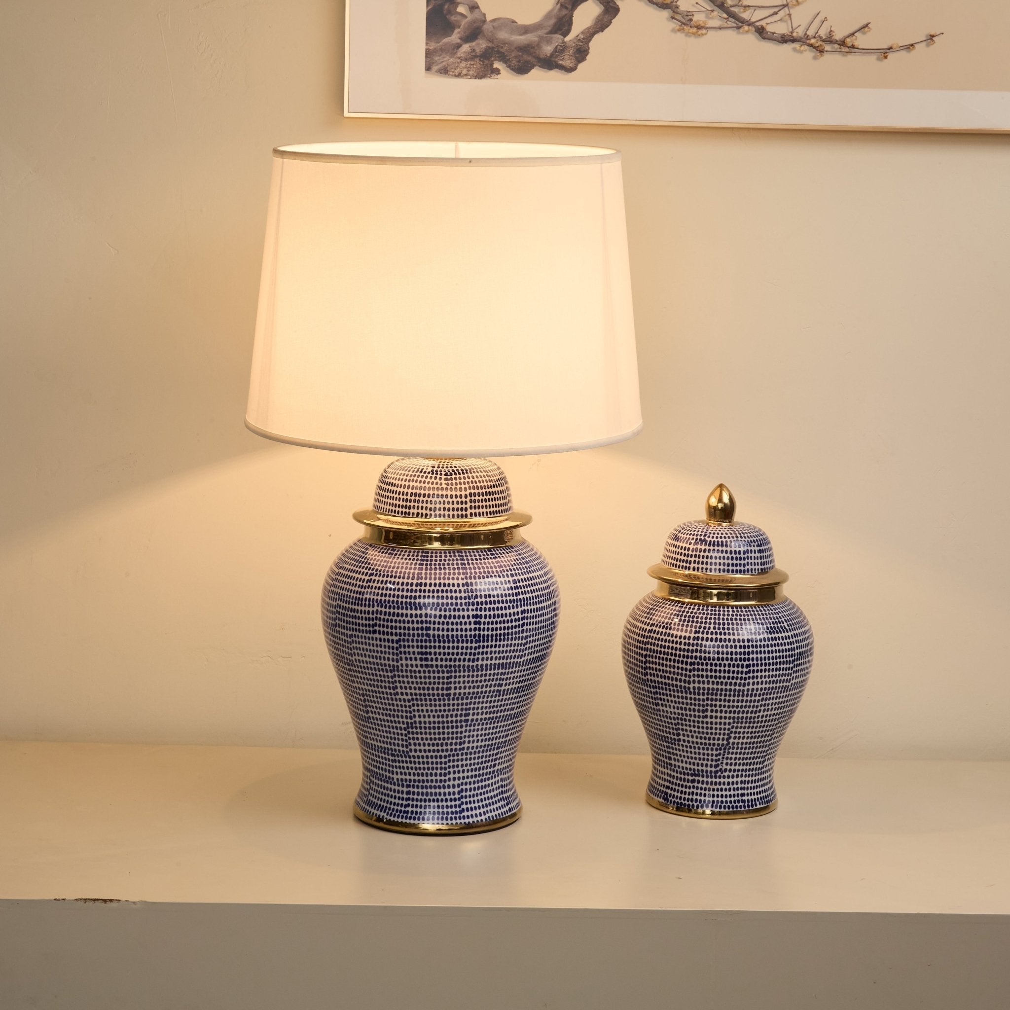 Indigo Dot Patterned Ceramic Table Lamp-Neutral Decor