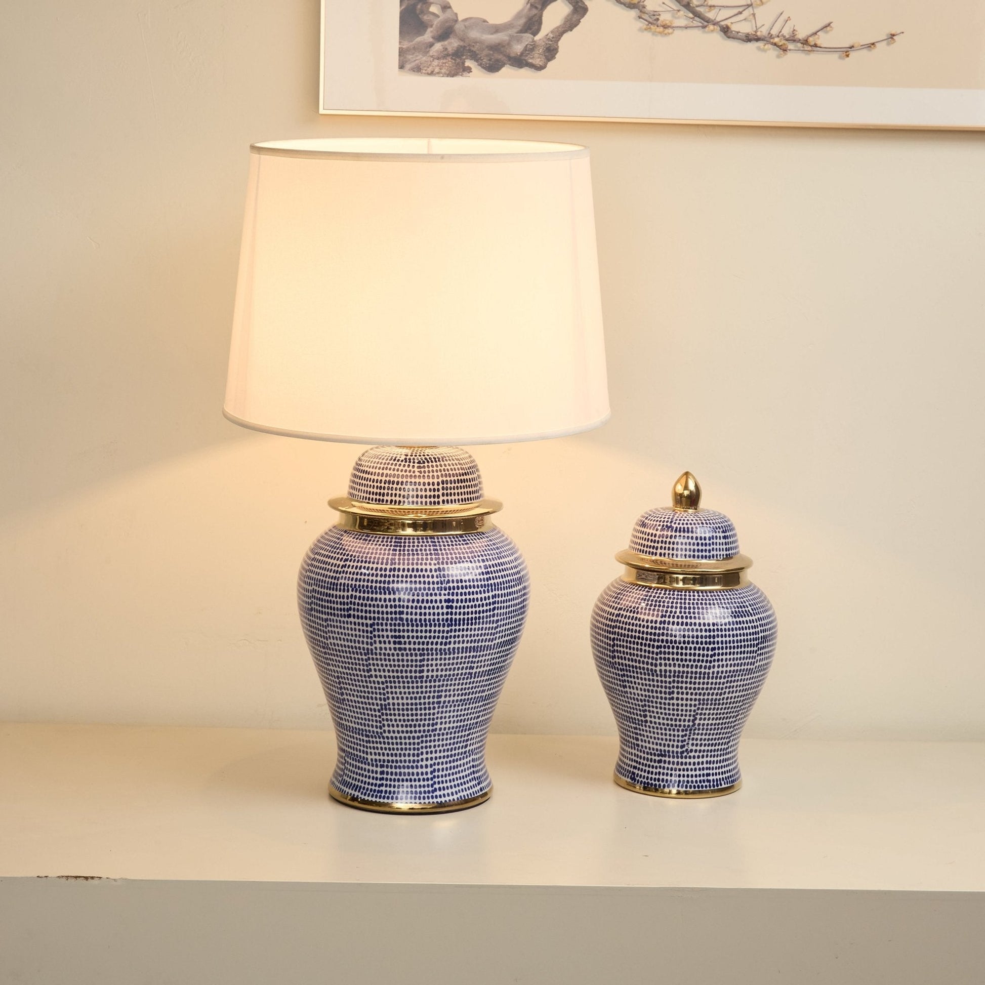 Indigo Dot Patterned Ceramic Table Lamp-Neutral Decor