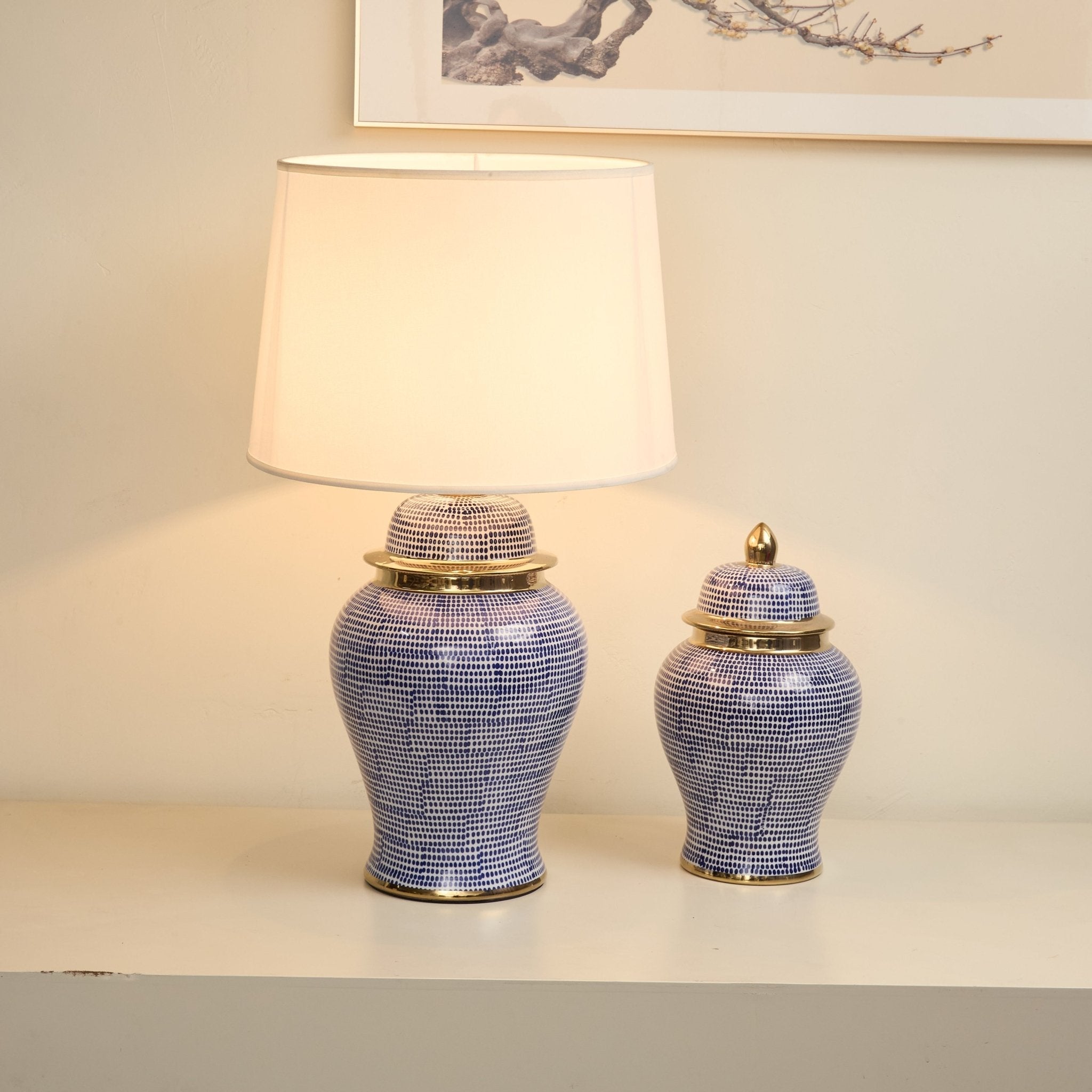 Indigo Dot Patterned Ceramic Table Lamp-Neutral Decor