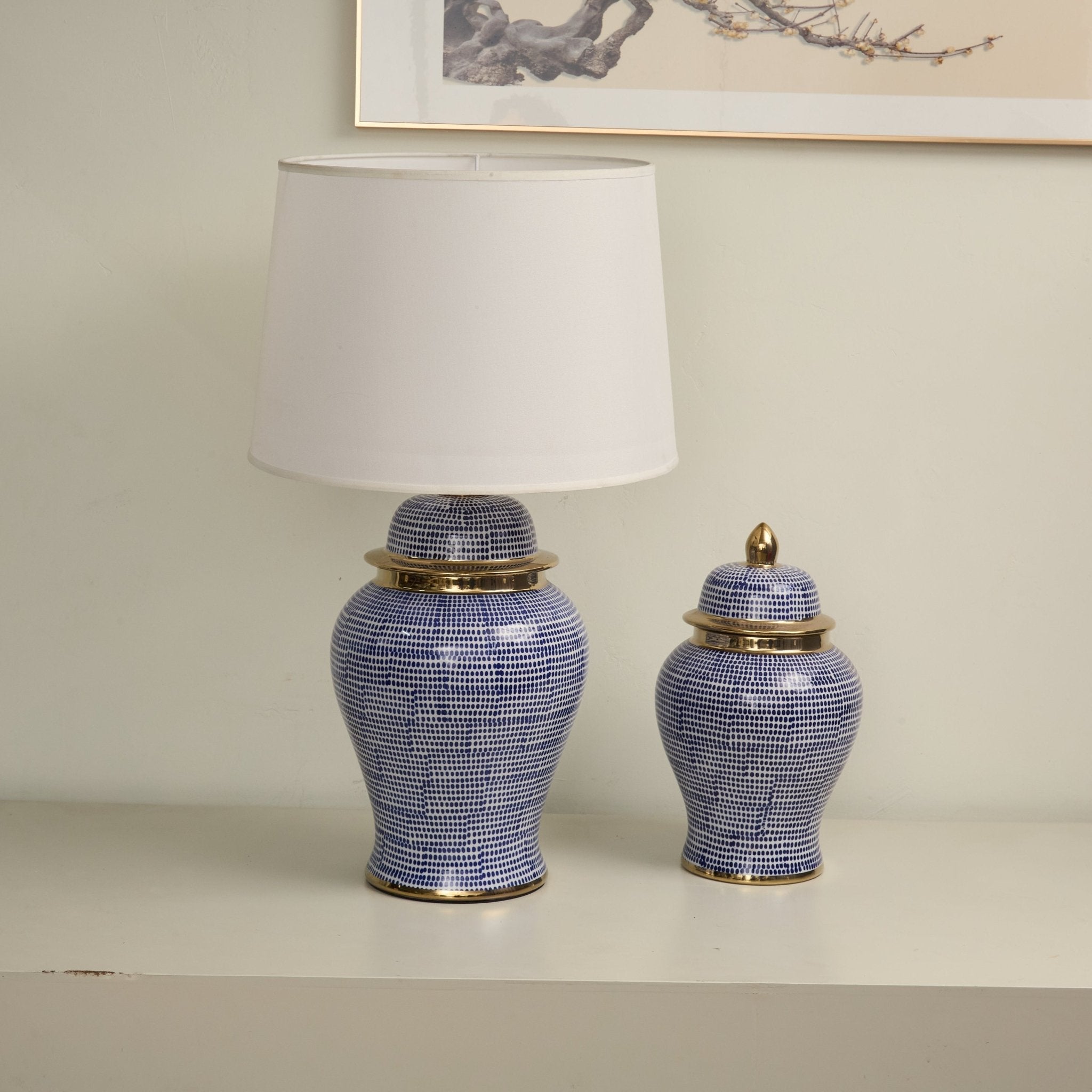 Indigo Dot Patterned Ceramic Table Lamp-Neutral Decor