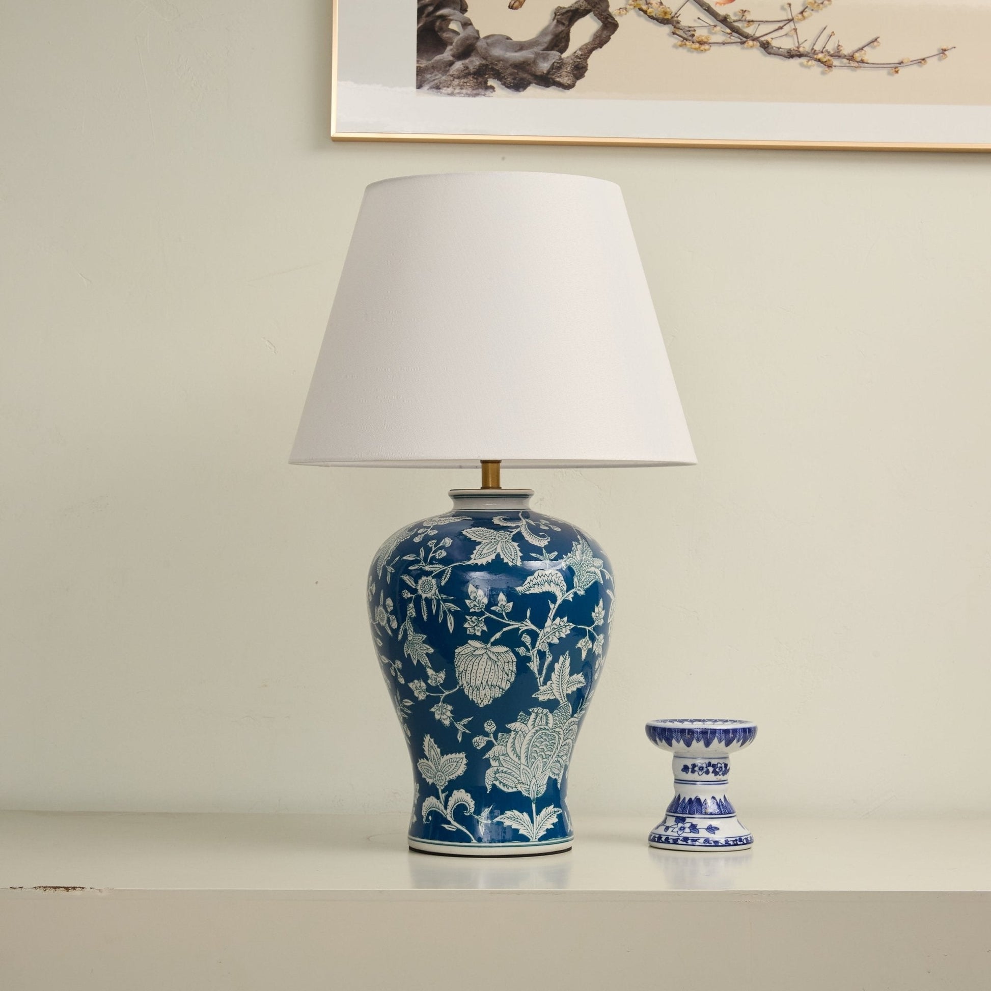 Indigo Floral Vine Ceramic Table Lamp-Neutral Decor