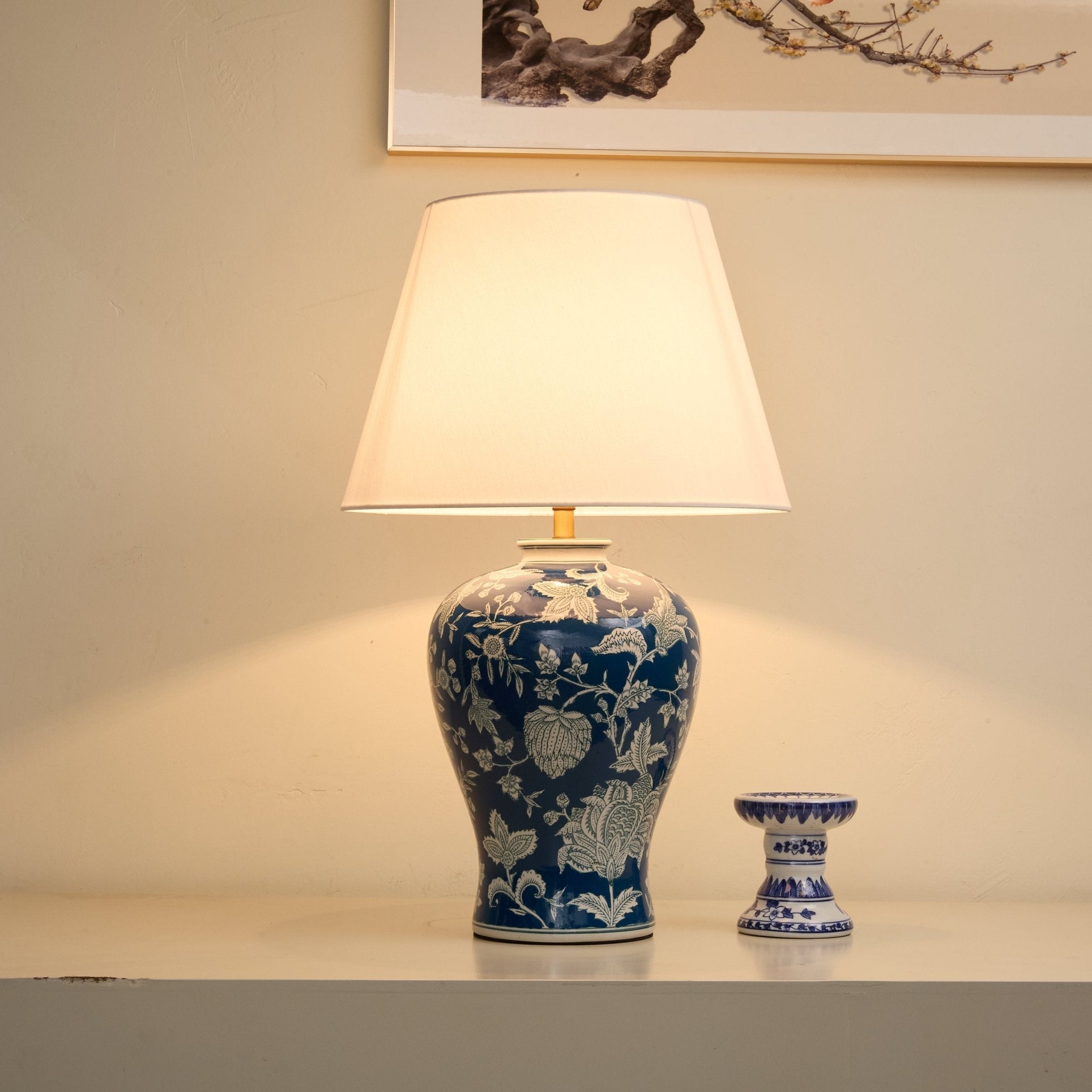 Indigo Floral Vine Ceramic Table Lamp-Neutral Decor