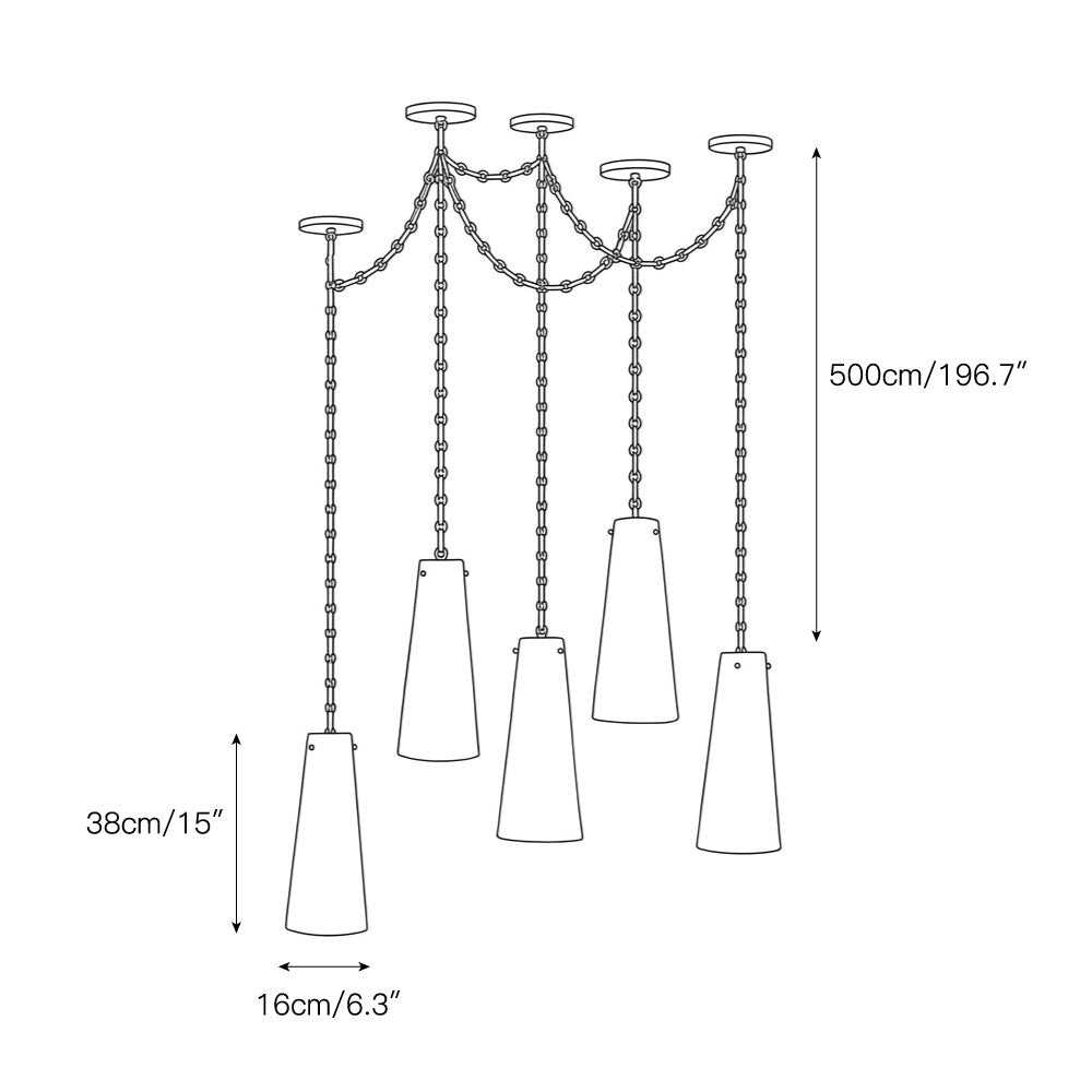 The 3-head configuration of the cascade chain chandelier.