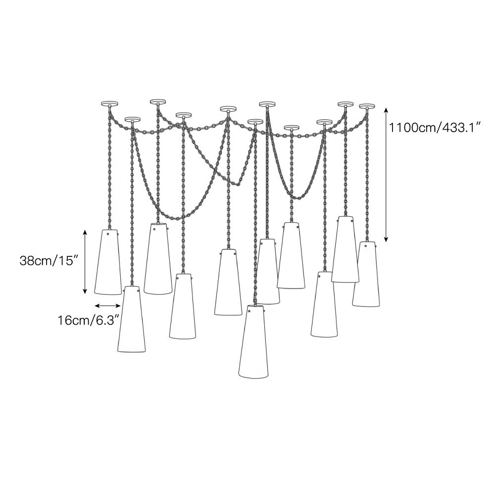The 9-head configuration of the cascade chandelier, ideal for high ceilings.