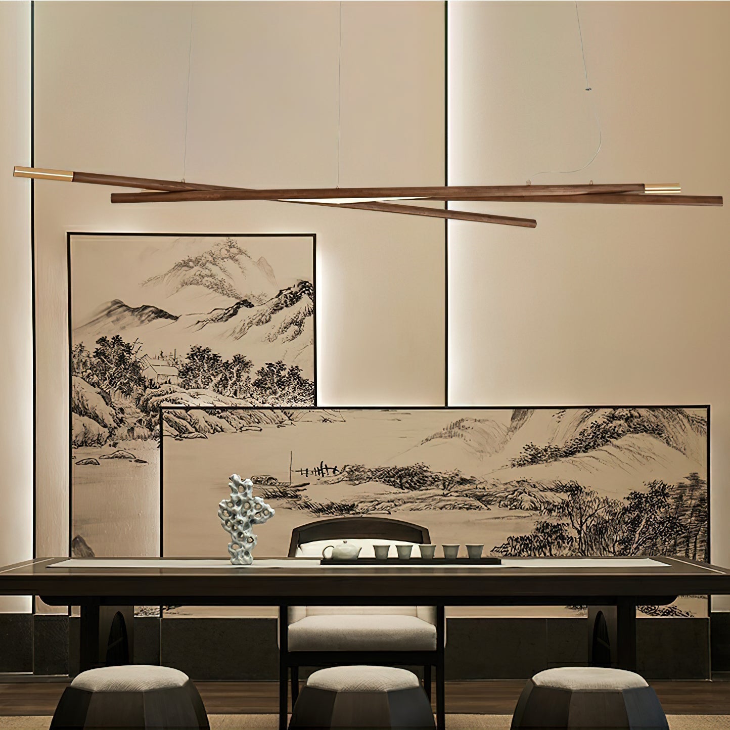 Aurora Chandelier Wooden Linear LED-Neutral Decor