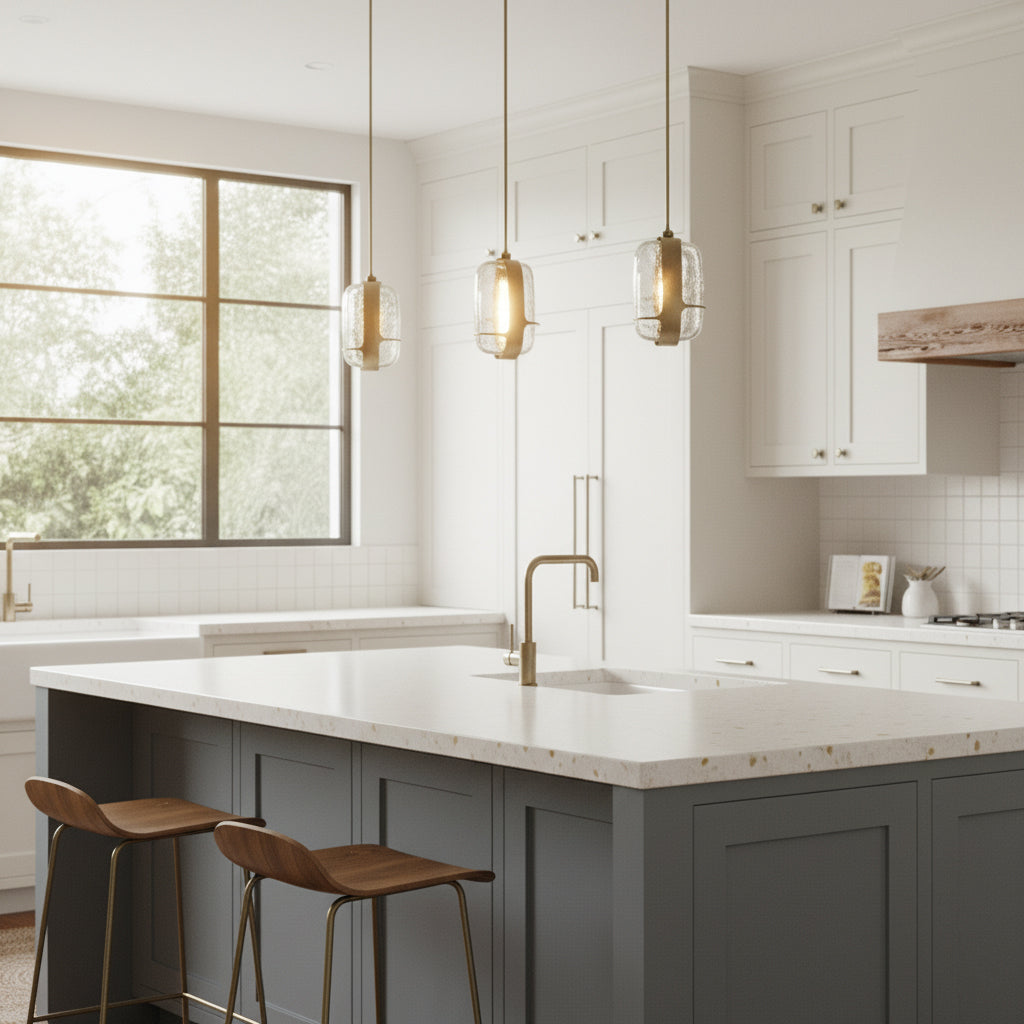 The Iris Pendant Lamp providing ambient light over a surface.