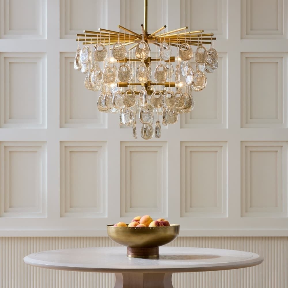 Aurora Chandelier Amber Seedy Glass Drop Antique Brass-Neutral Decor