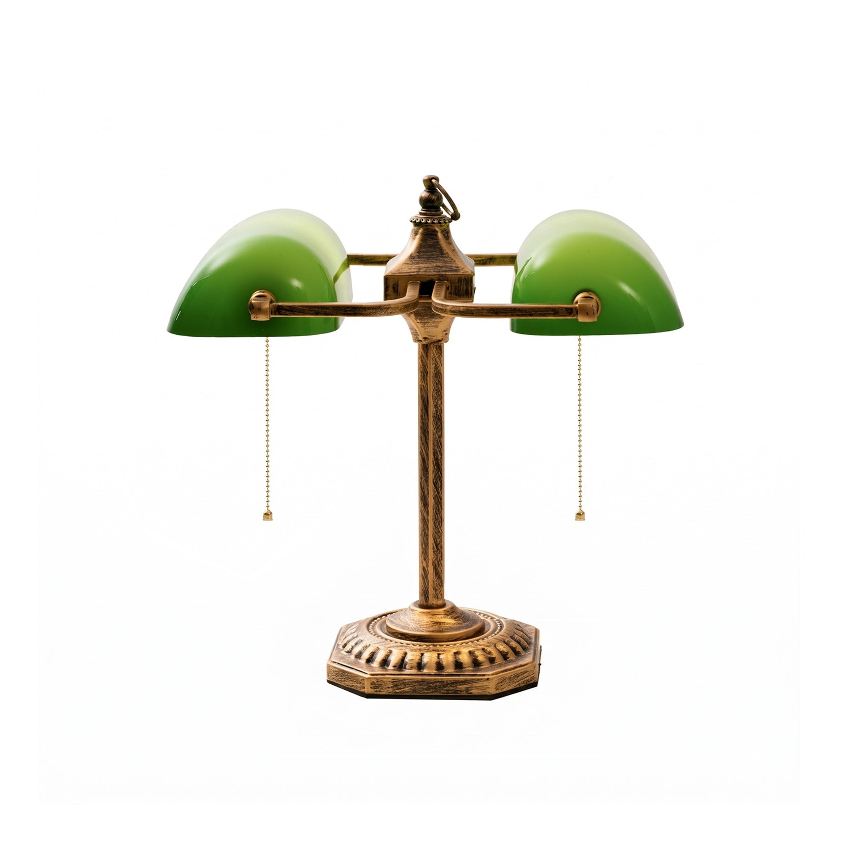 Cambridge Twin Library Table Lamp with green glass shades.