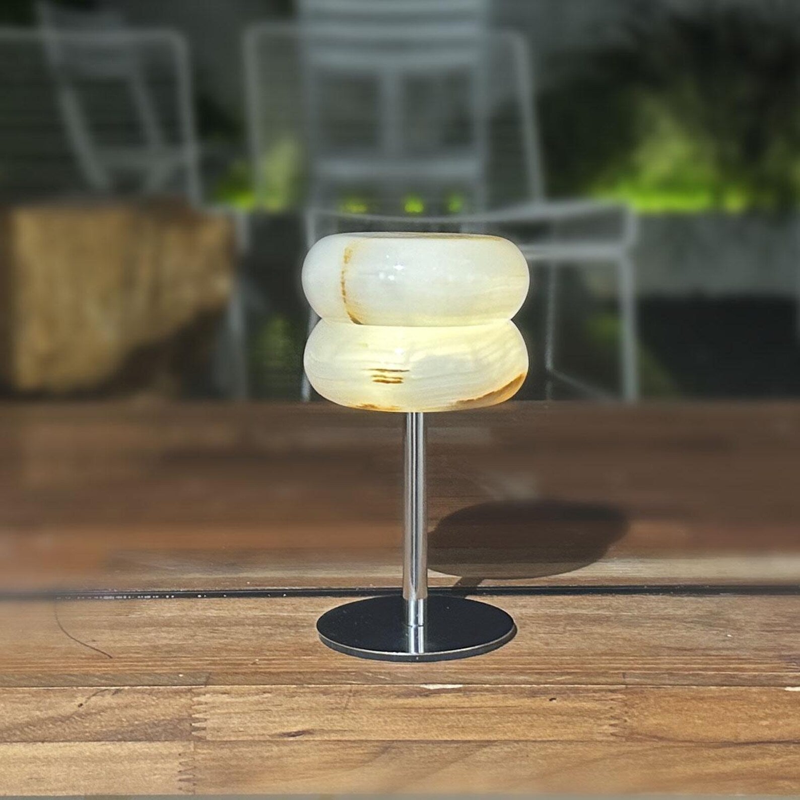 Top-down view of the donut-shaped alabaster lamp shade.