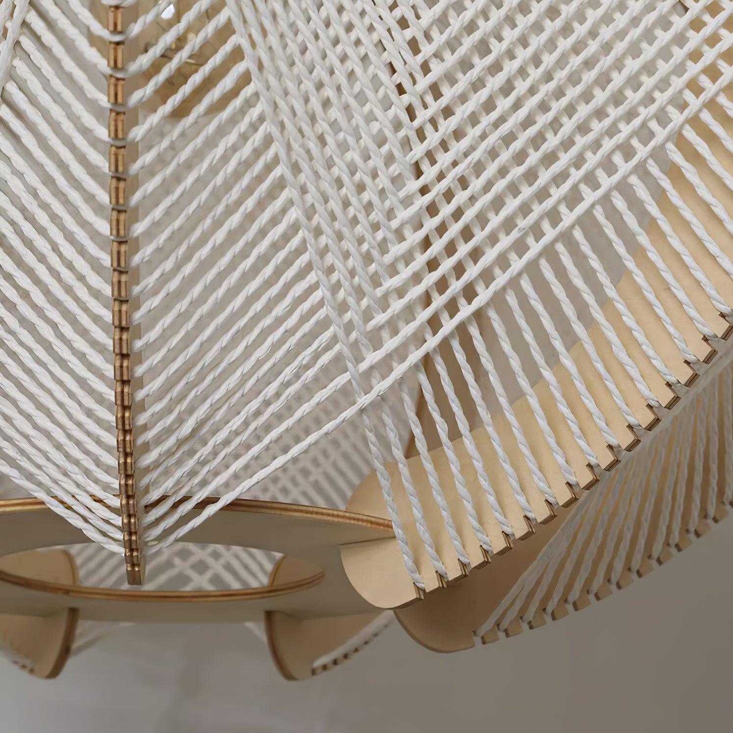 Pendant Light with Fabric Shade, Wooden Frame, and Wire Detail