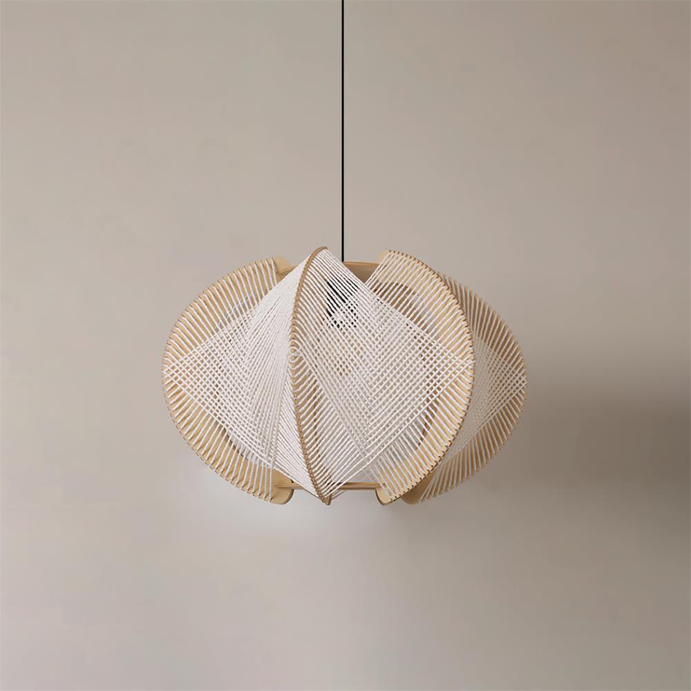 Pendant Light with Fabric Shade, Wooden Frame, and Wire Detail