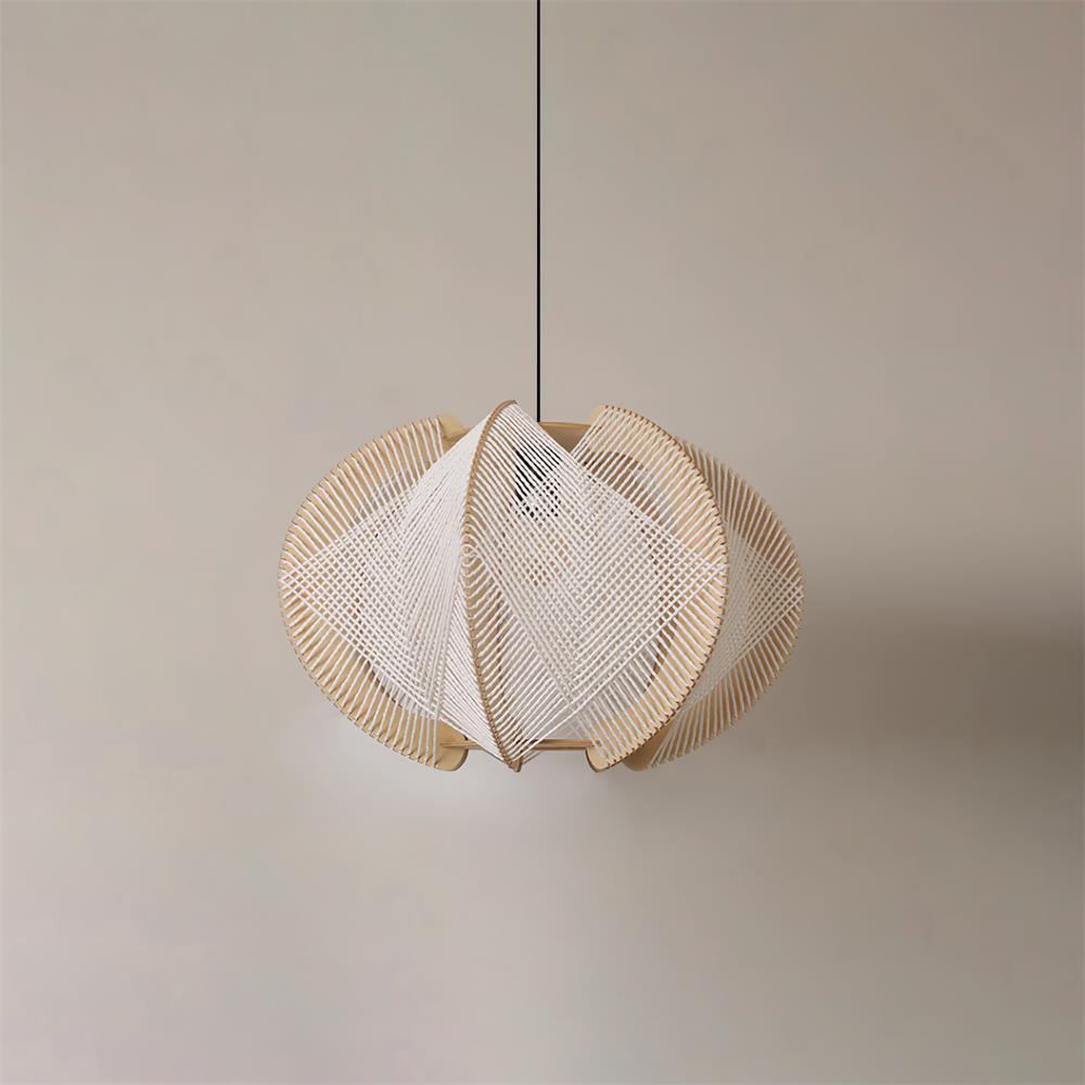 Vanto Pendant Light with Fabric Shade, Wooden Frame, and Wire Detail-Neutral Decor