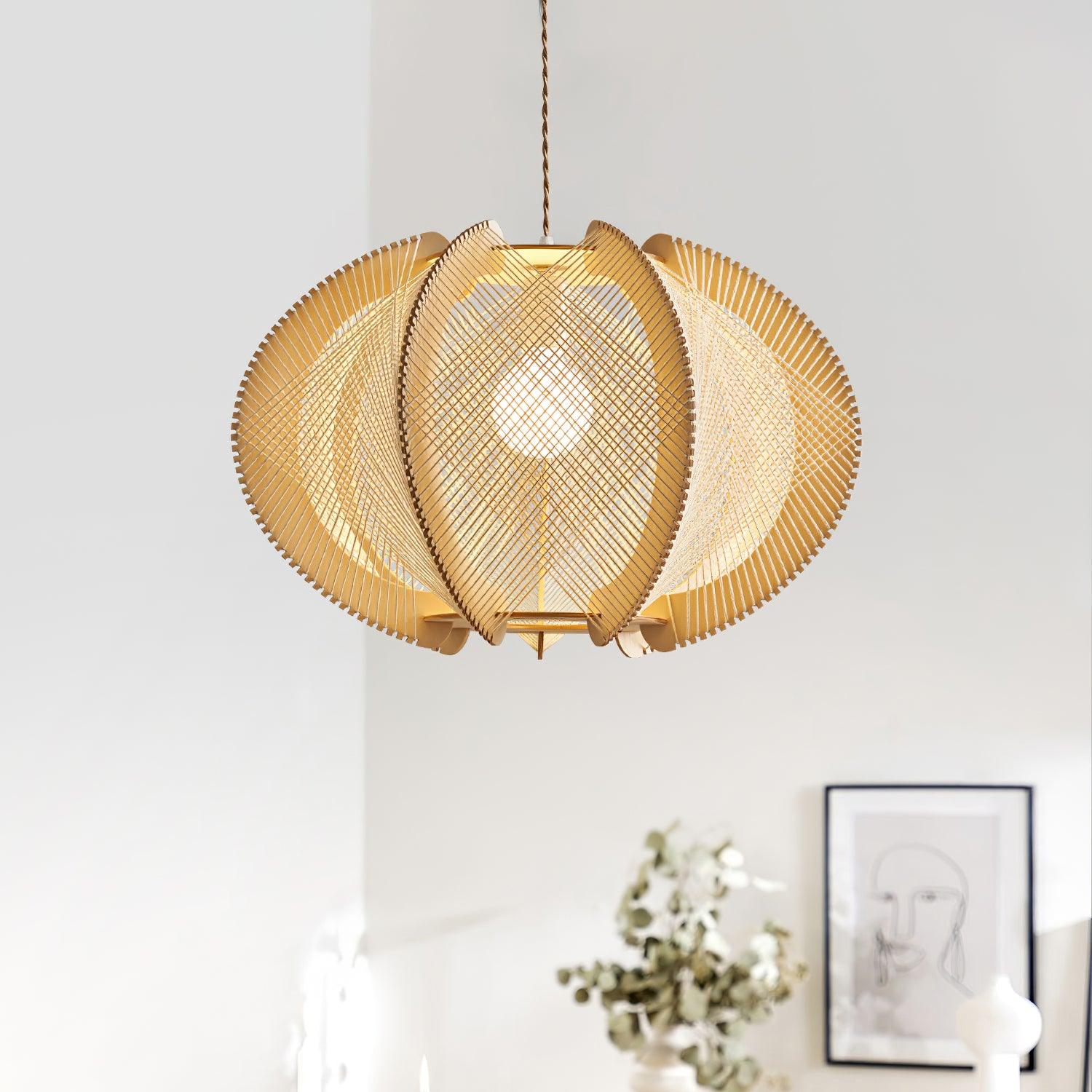Vanto Pendant Light with Fabric Shade, Wooden Frame, and Wire Detail-Neutral Decor