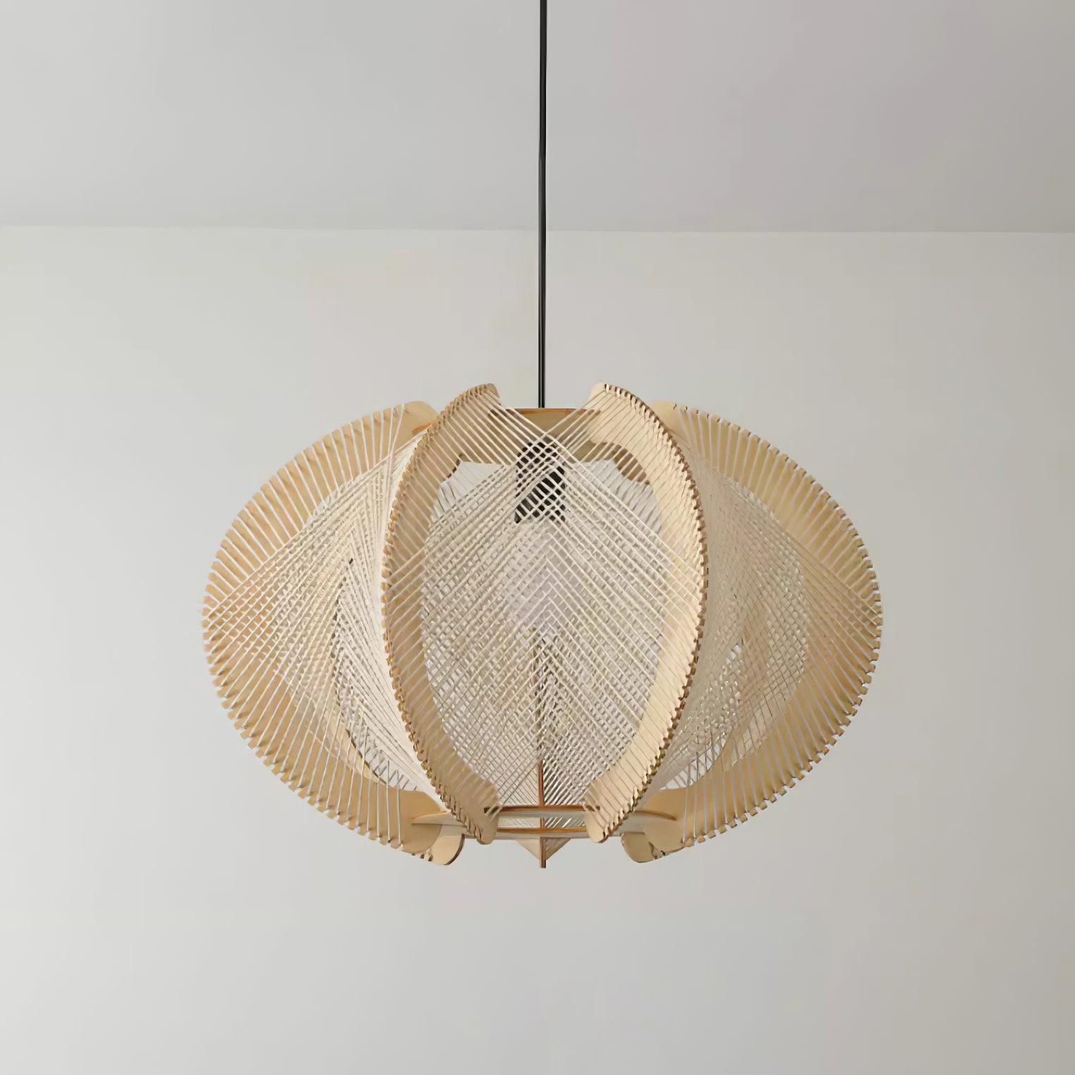 Pendant Light with Fabric Shade, Wooden Frame, and Wire Detail
