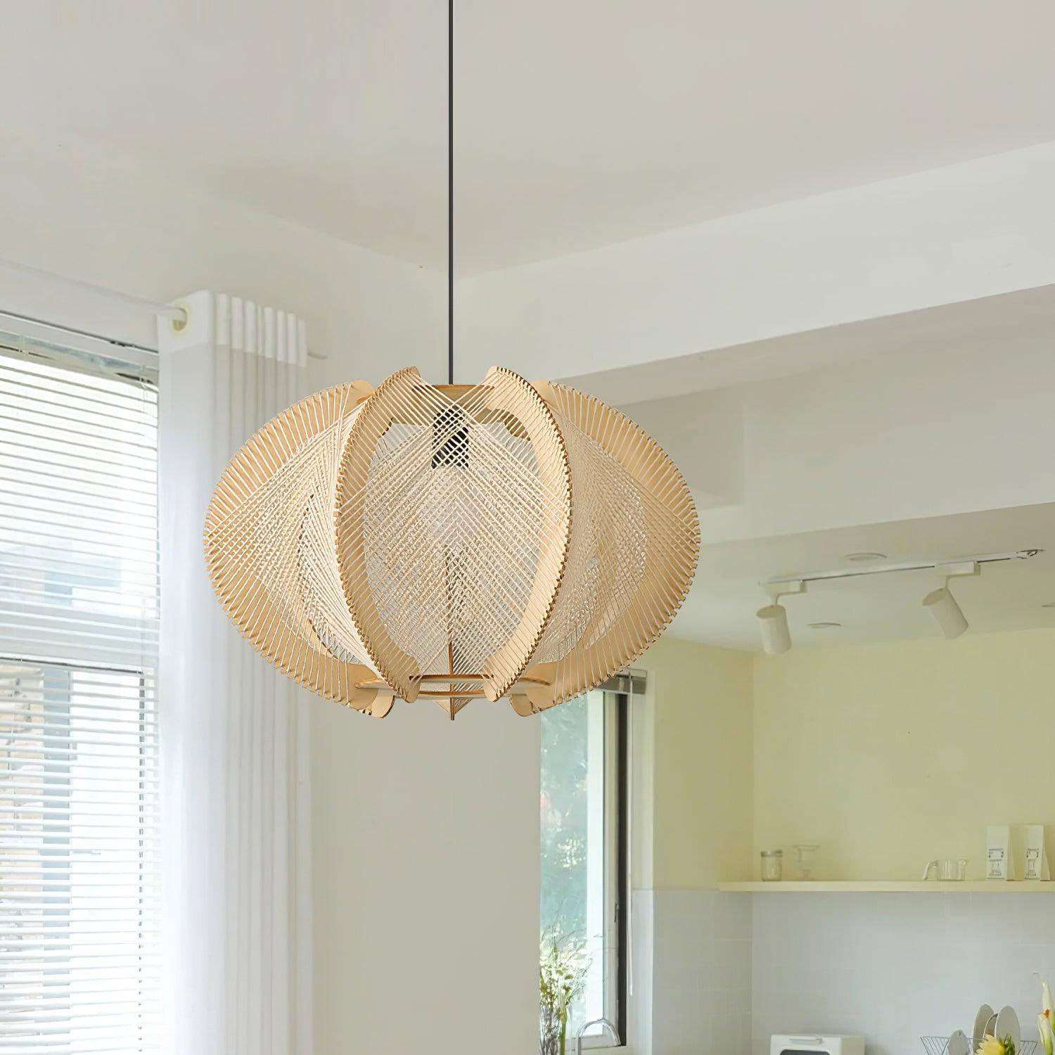 Vanto Pendant Light with Fabric Shade, Wooden Frame, and Wire Detail-Neutral Decor