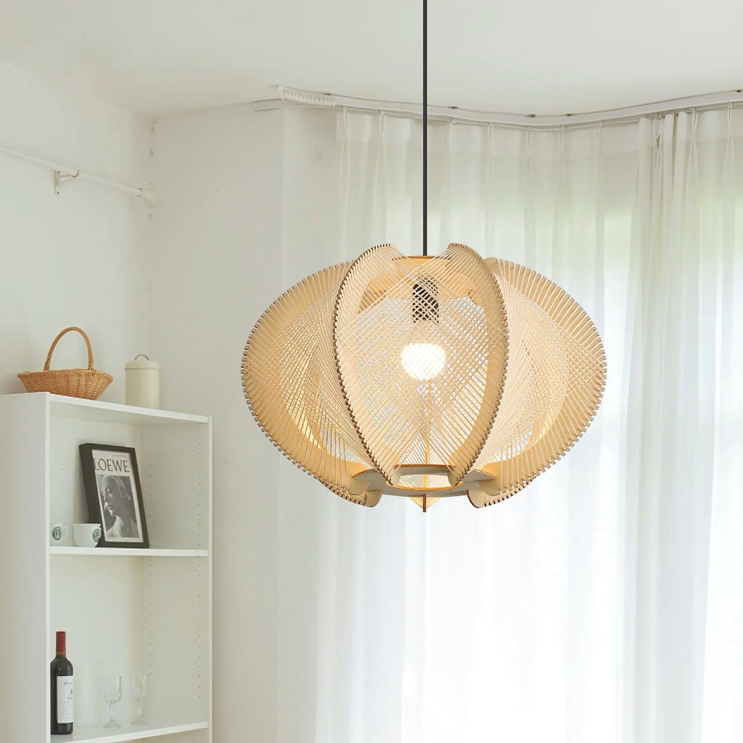 Vanto Pendant Light with Fabric Shade, Wooden Frame, and Wire Detail-Neutral Decor
