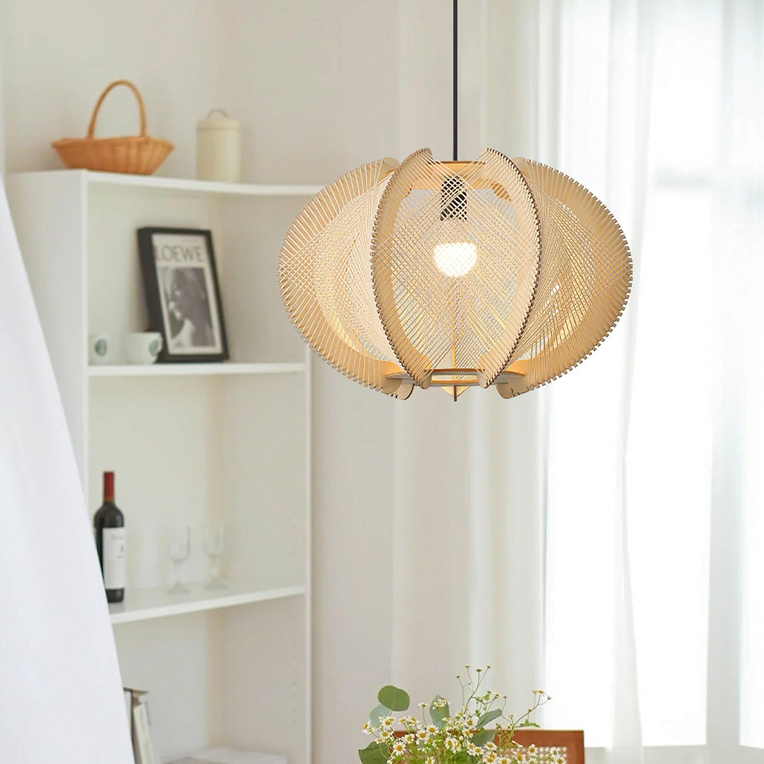 Vanto Pendant Light with Fabric Shade, Wooden Frame, and Wire Detail-Neutral Decor
