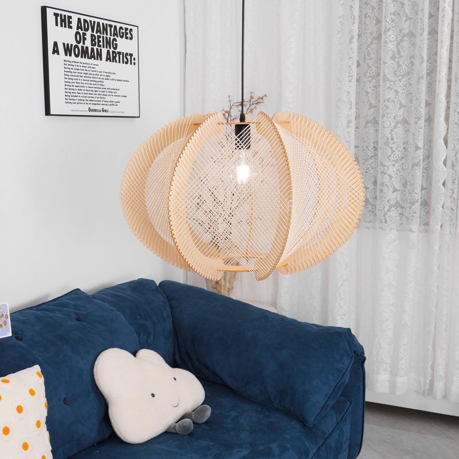 Vanto Pendant Light with Fabric Shade, Wooden Frame, and Wire Detail-Neutral Decor
