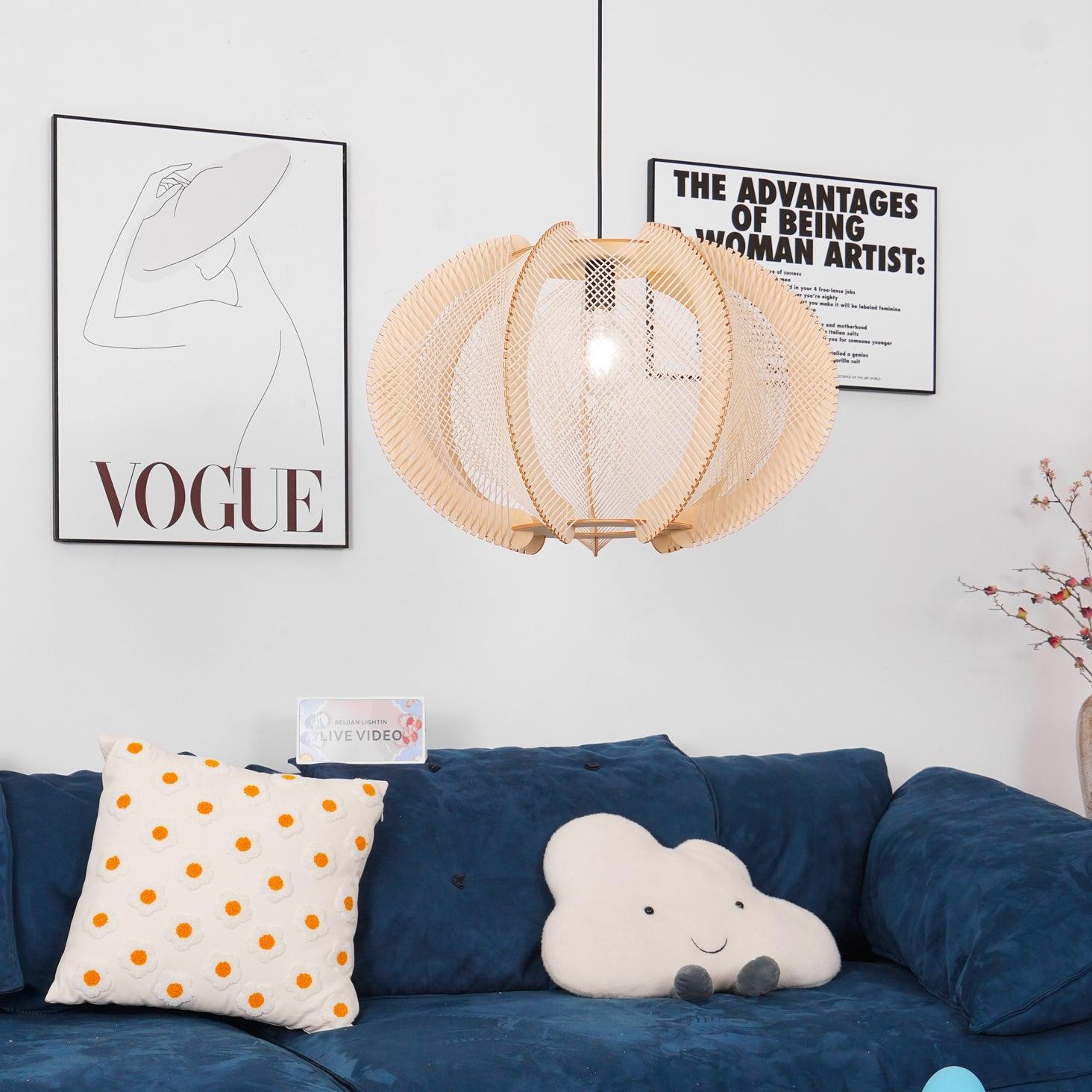 Pendant Light with Fabric Shade, Wooden Frame, and Wire Detail