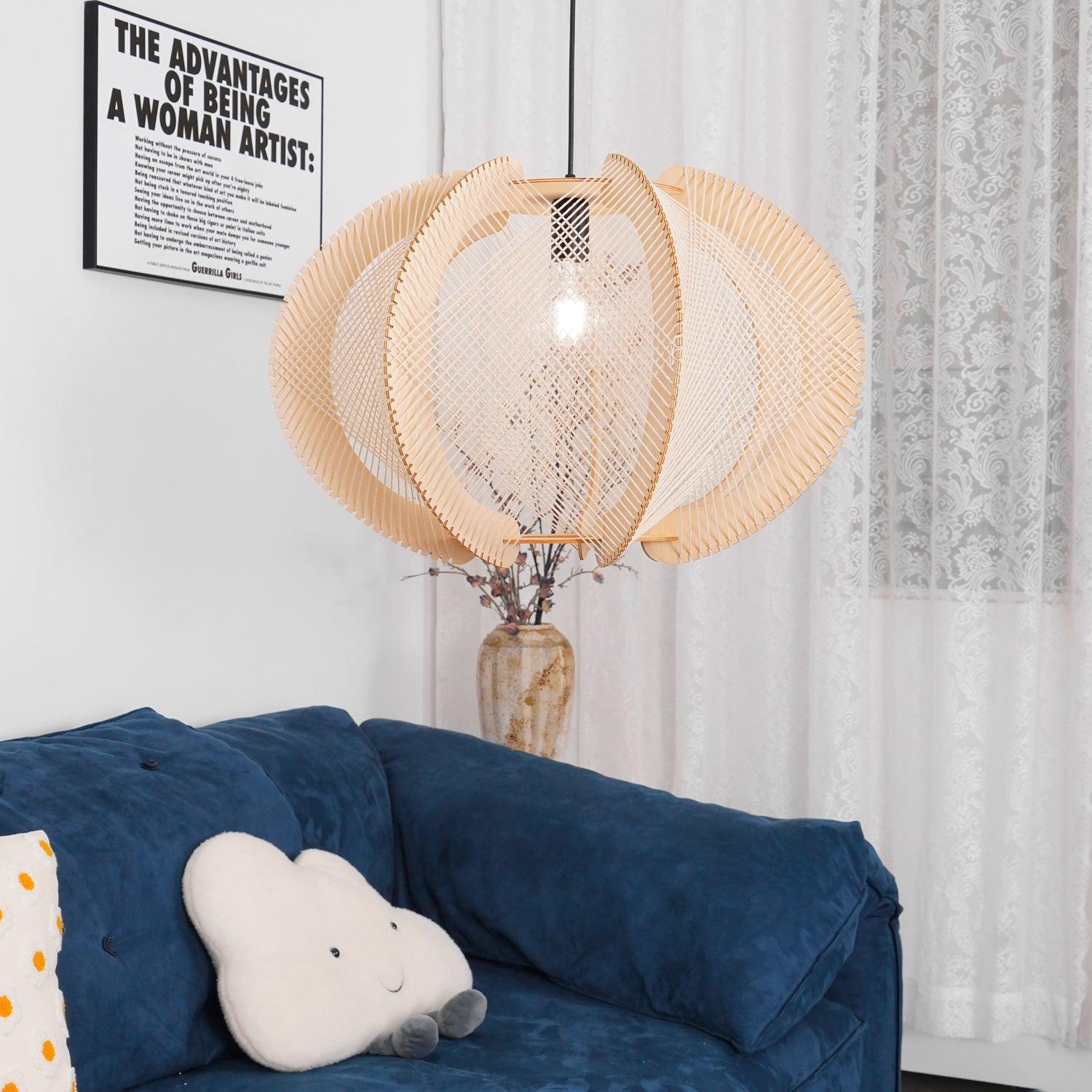 Vanto Pendant Light with Fabric Shade, Wooden Frame, and Wire Detail-Neutral Decor