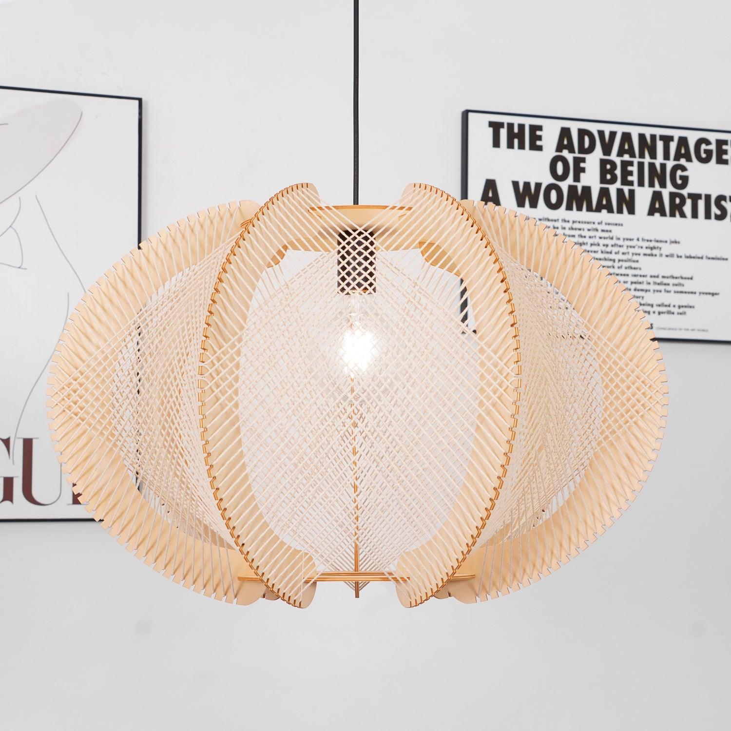 Pendant Light with Fabric Shade, Wooden Frame, and Wire Detail