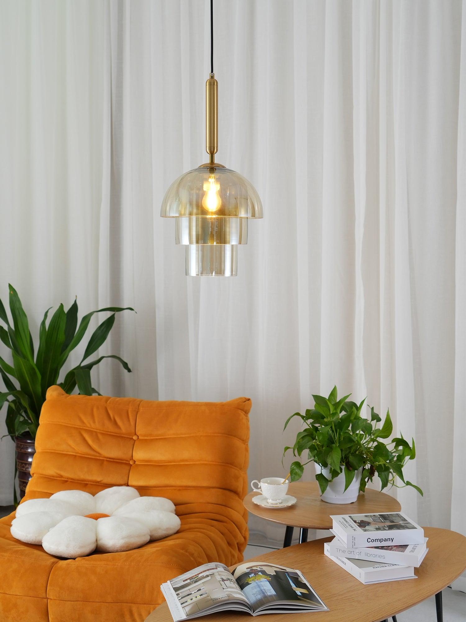 Renley Pendant Lamp Glass Cognac Dome Brass Mid Century-Neutral Decor