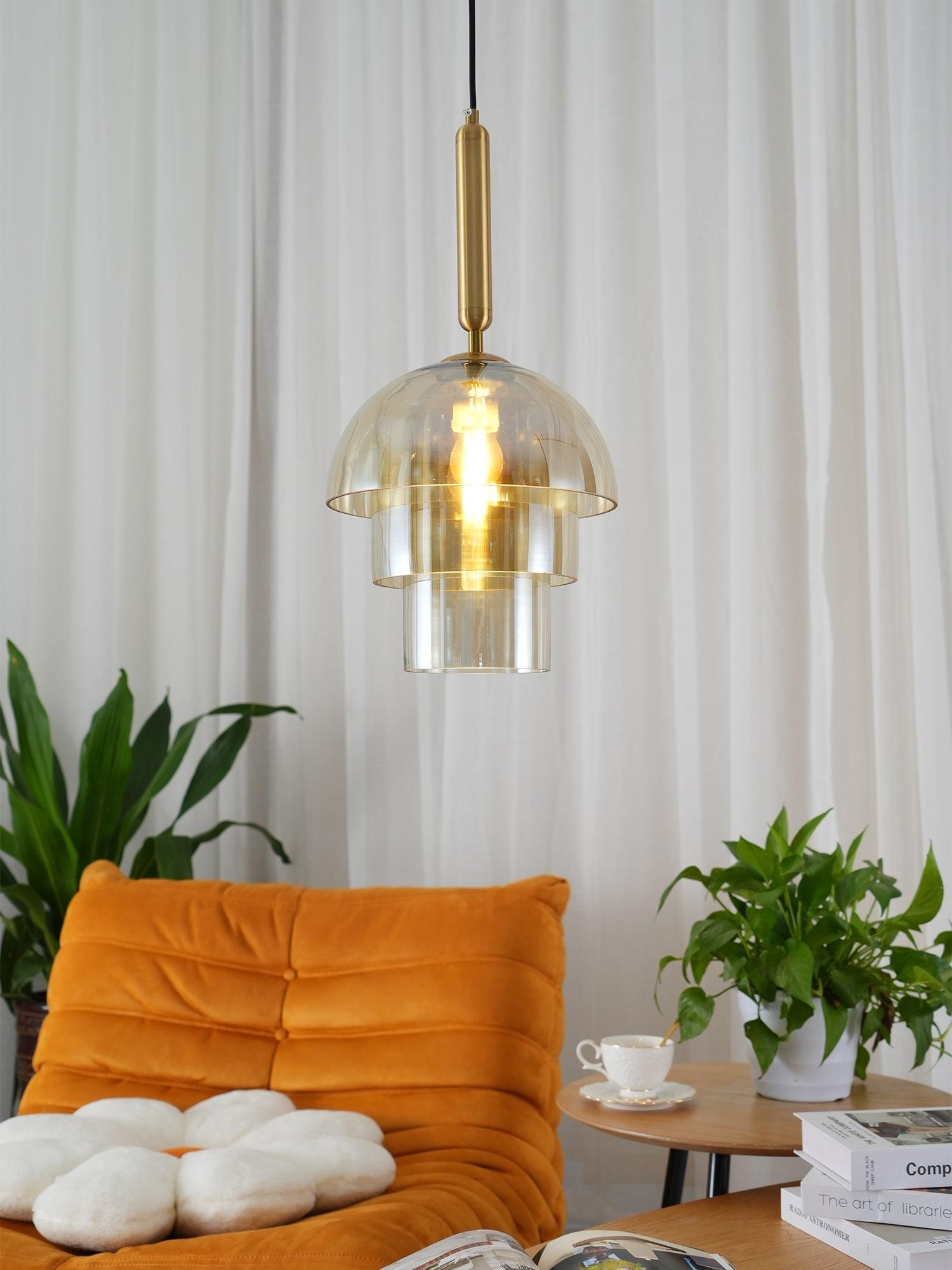 Renley Pendant Lamp Glass Cognac Dome Brass Mid Century-Neutral Decor