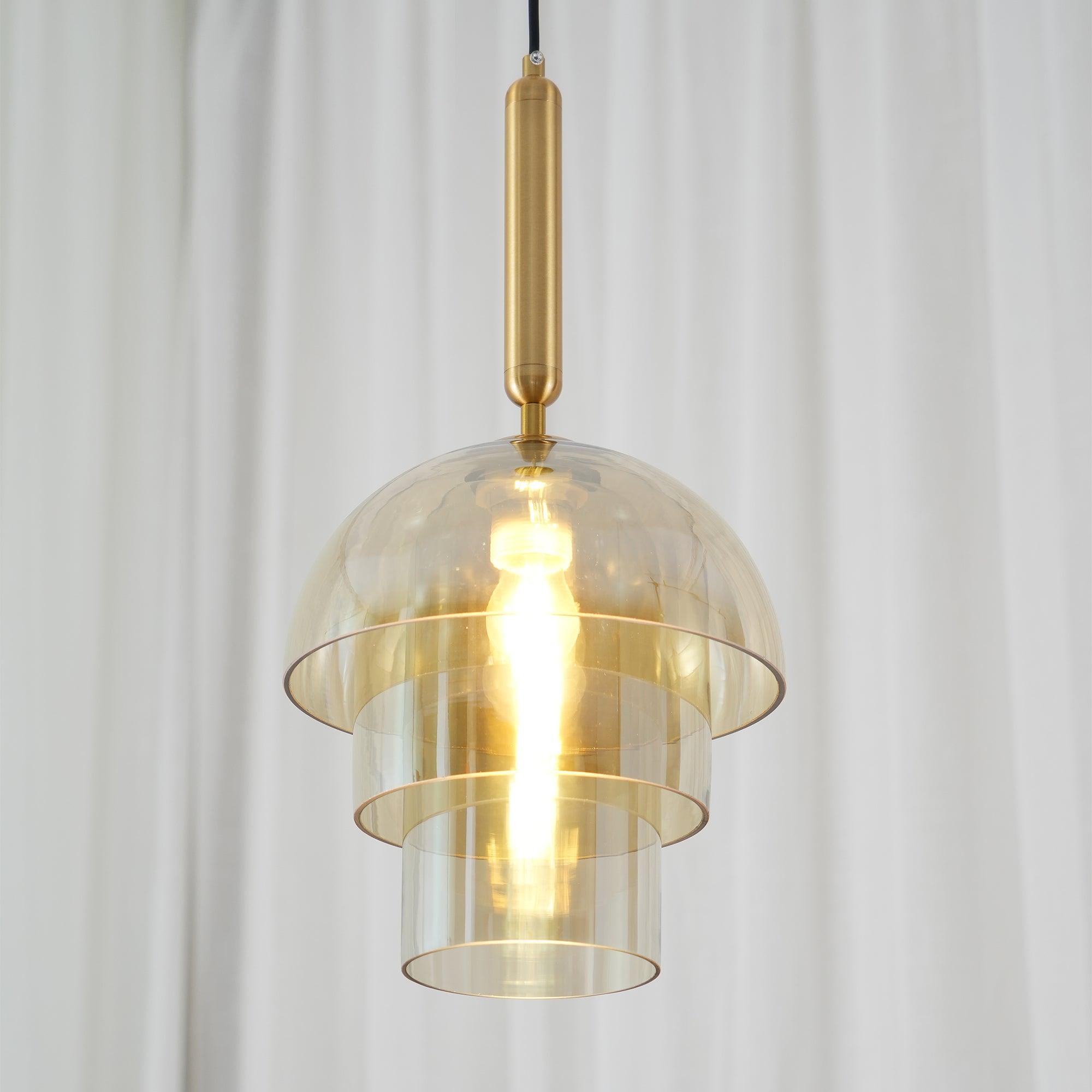 Renley Pendant Lamp Glass Cognac Dome Brass Mid Century-Neutral Decor
