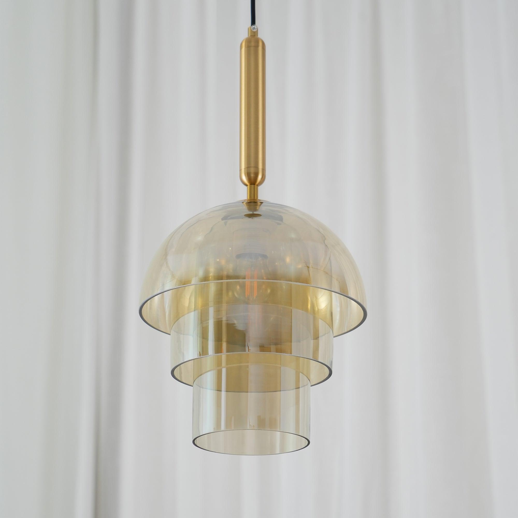 Renley Pendant Lamp Glass Cognac Dome Brass Mid Century-Neutral Decor
