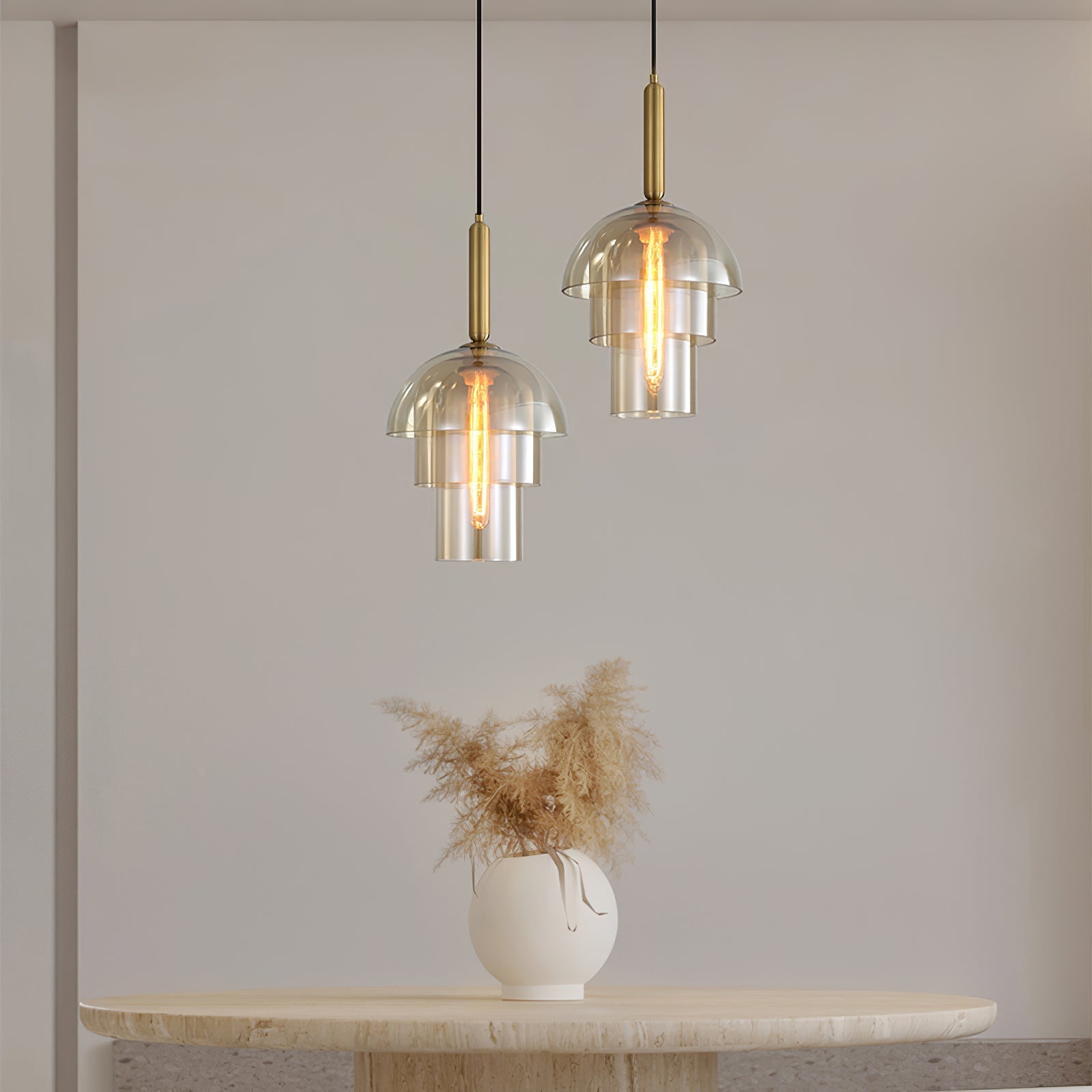 Renley Pendant Lamp Glass Cognac Dome Brass Mid Century-Neutral Decor