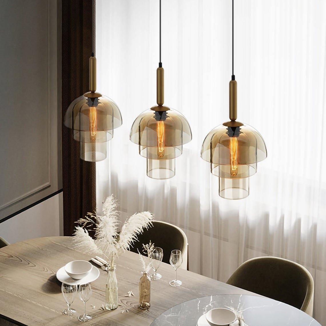 Renley Pendant Lamp Glass Cognac Dome Brass Mid Century-Neutral Decor