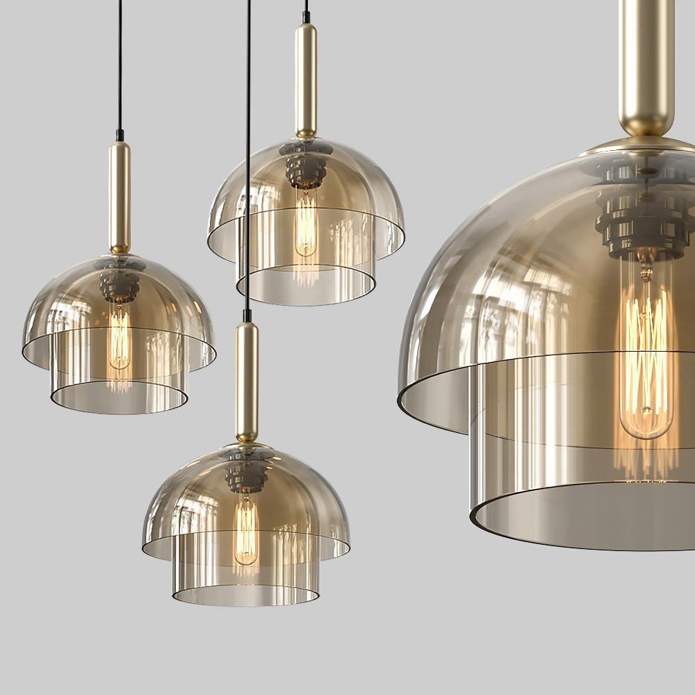 Renley Pendant Lamp Glass Cognac Dome Brass Mid Century-Neutral Decor