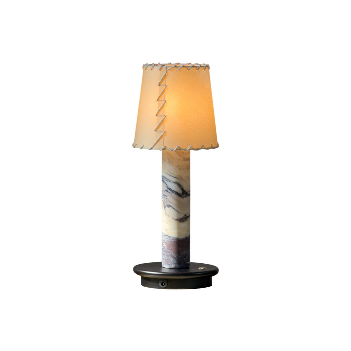 Jorgen Table Lamp in beige with a marble post and fabric shade.