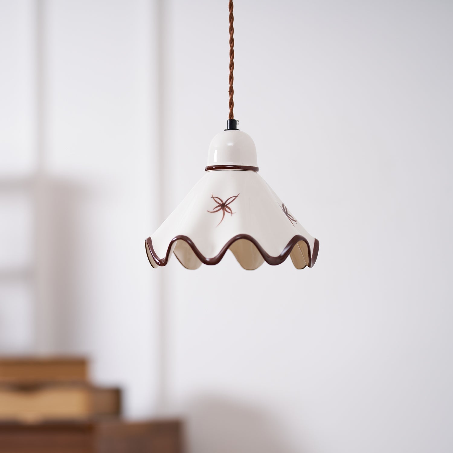 Pendant Lamp Ceramic Wavy Shade Rustic Brown Trim Retro Farmhouse