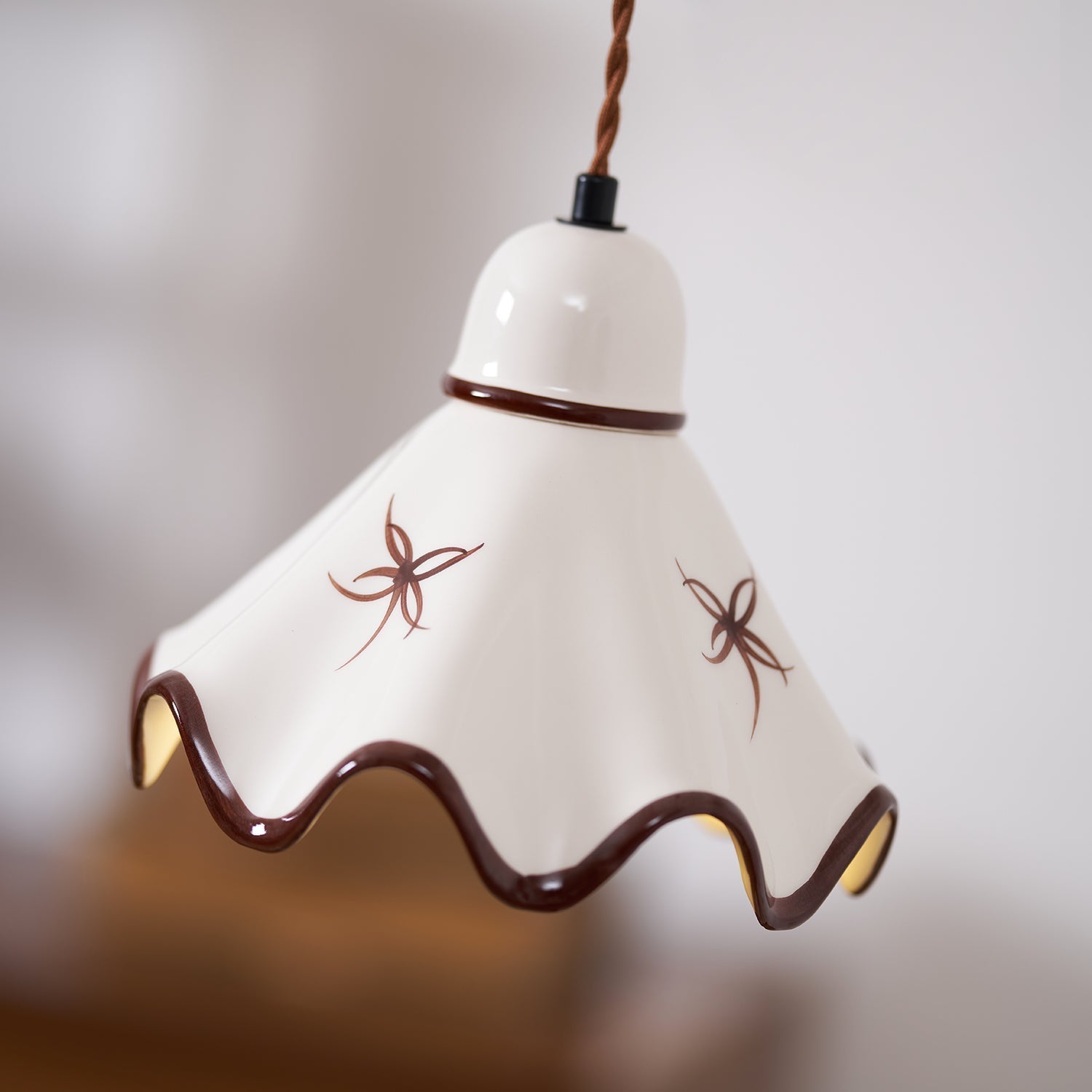 Pendant Lamp Ceramic Wavy Shade Rustic Brown Trim Retro Farmhouse