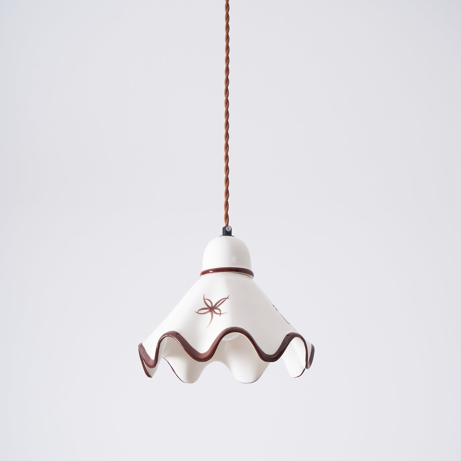 Pendant Lamp Ceramic Wavy Shade Rustic Brown Trim Retro Farmhouse