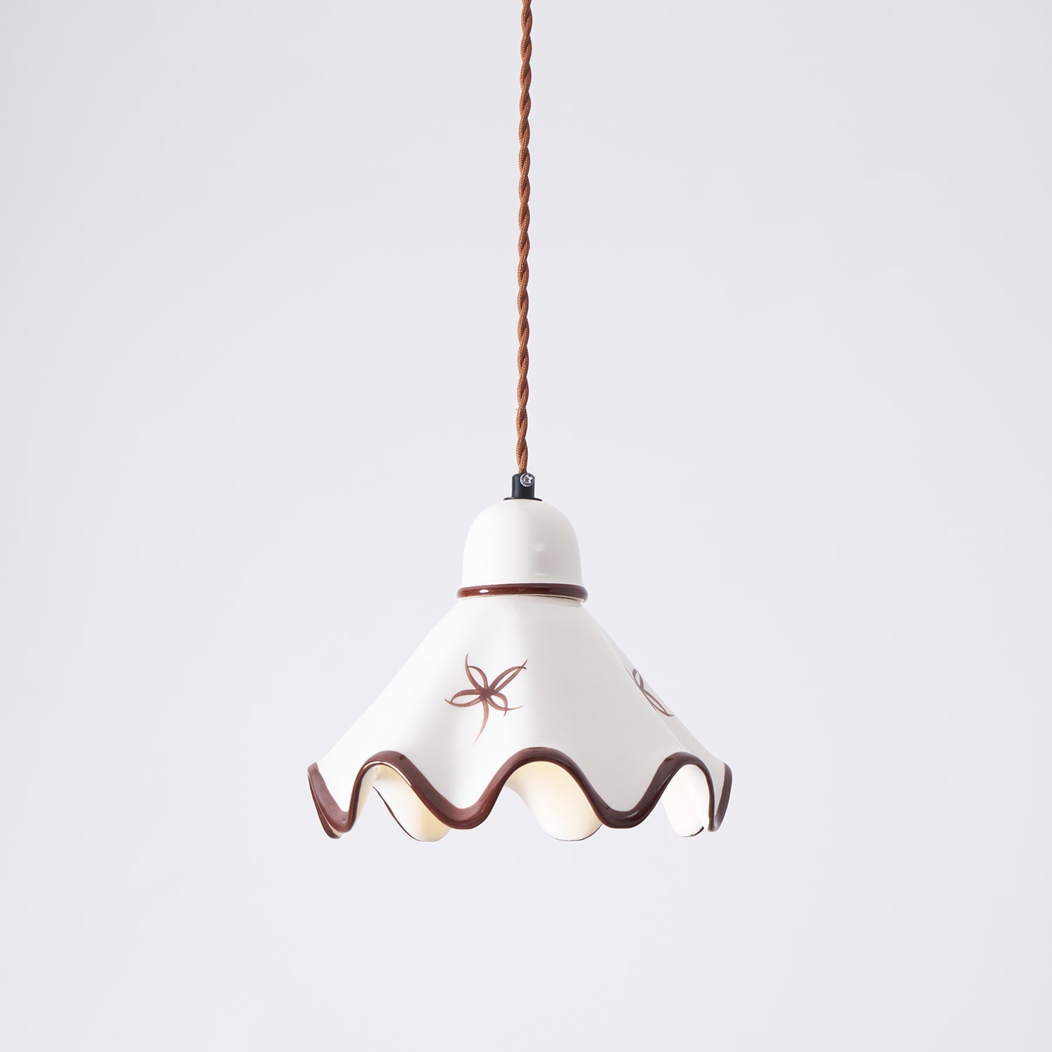 Pendant Lamp Ceramic Wavy Shade Rustic Brown Trim Retro Farmhouse
