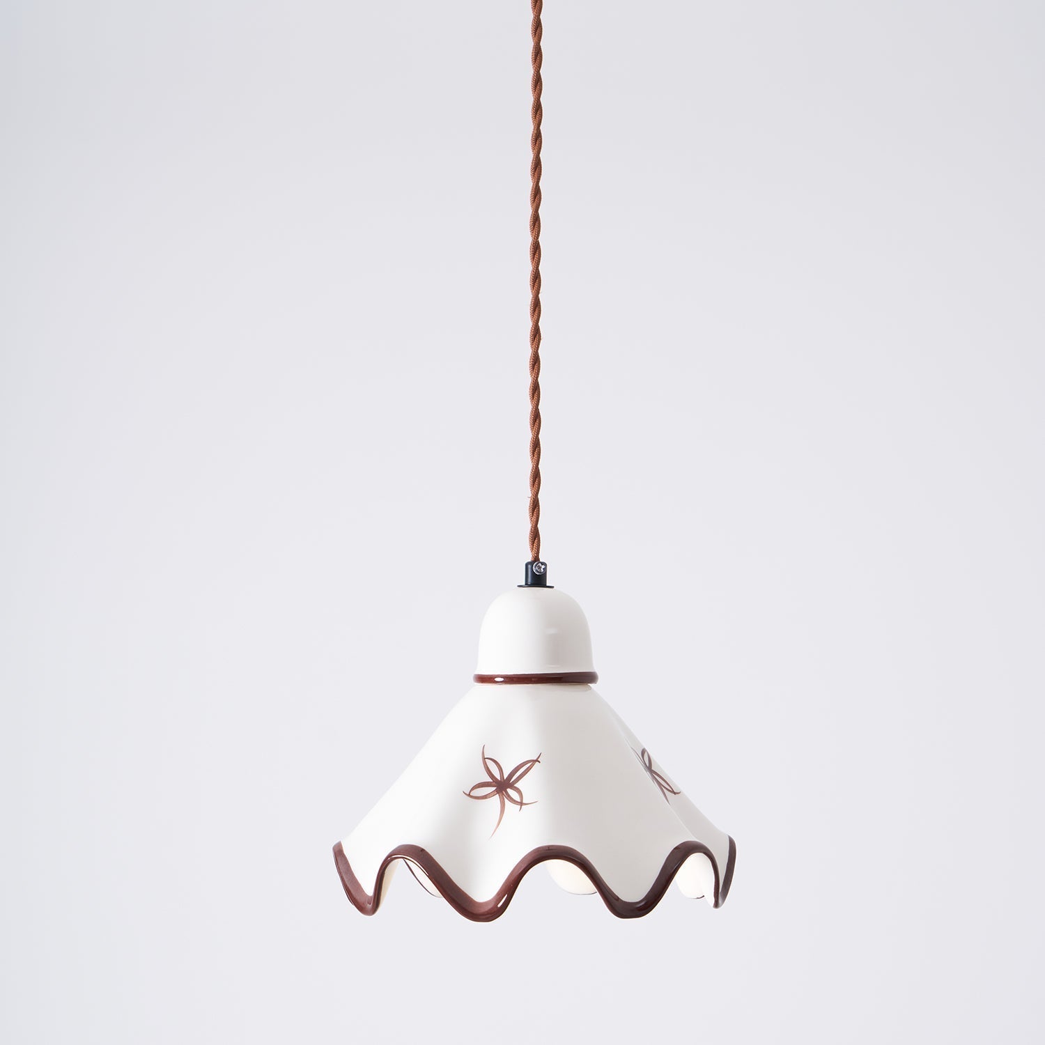 Pendant Lamp Ceramic Wavy Shade Rustic Brown Trim Retro Farmhouse