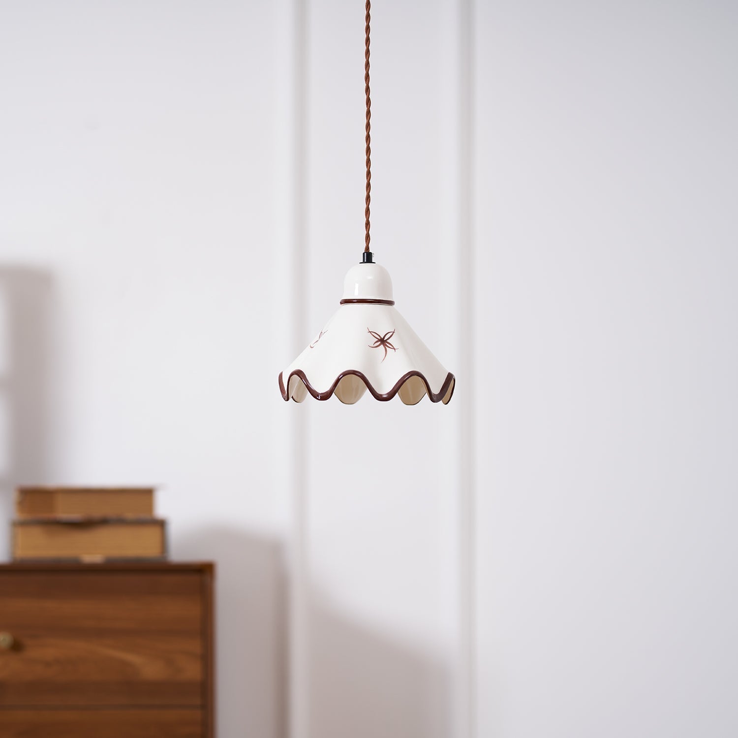 Pendant Lamp Ceramic Wavy Shade Rustic Brown Trim Retro Farmhouse