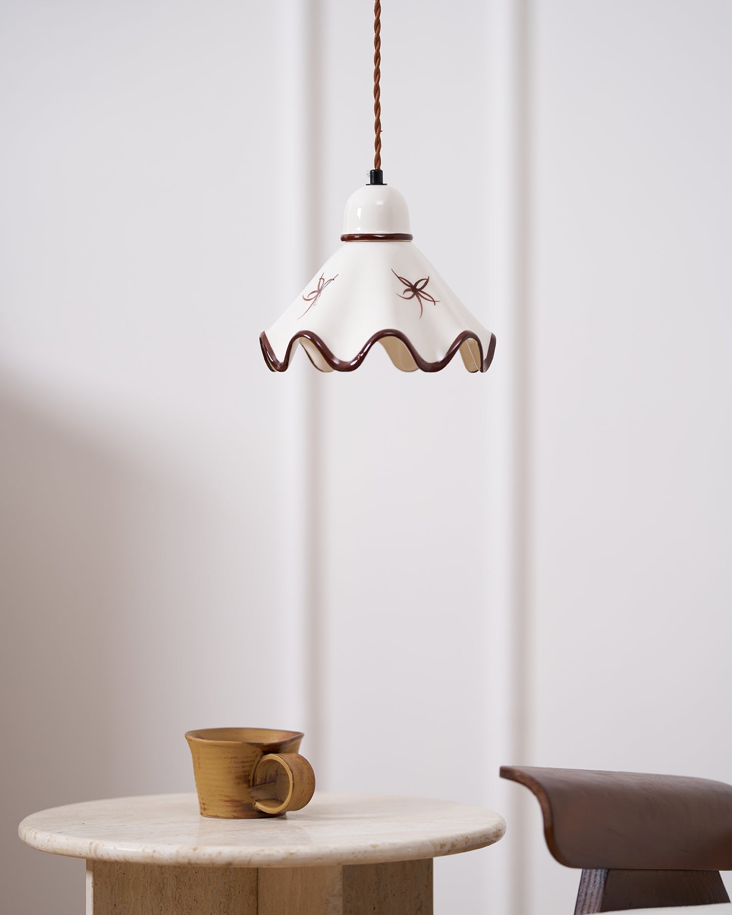 Pendant Lamp Ceramic Wavy Shade Rustic Brown Trim Retro Farmhouse