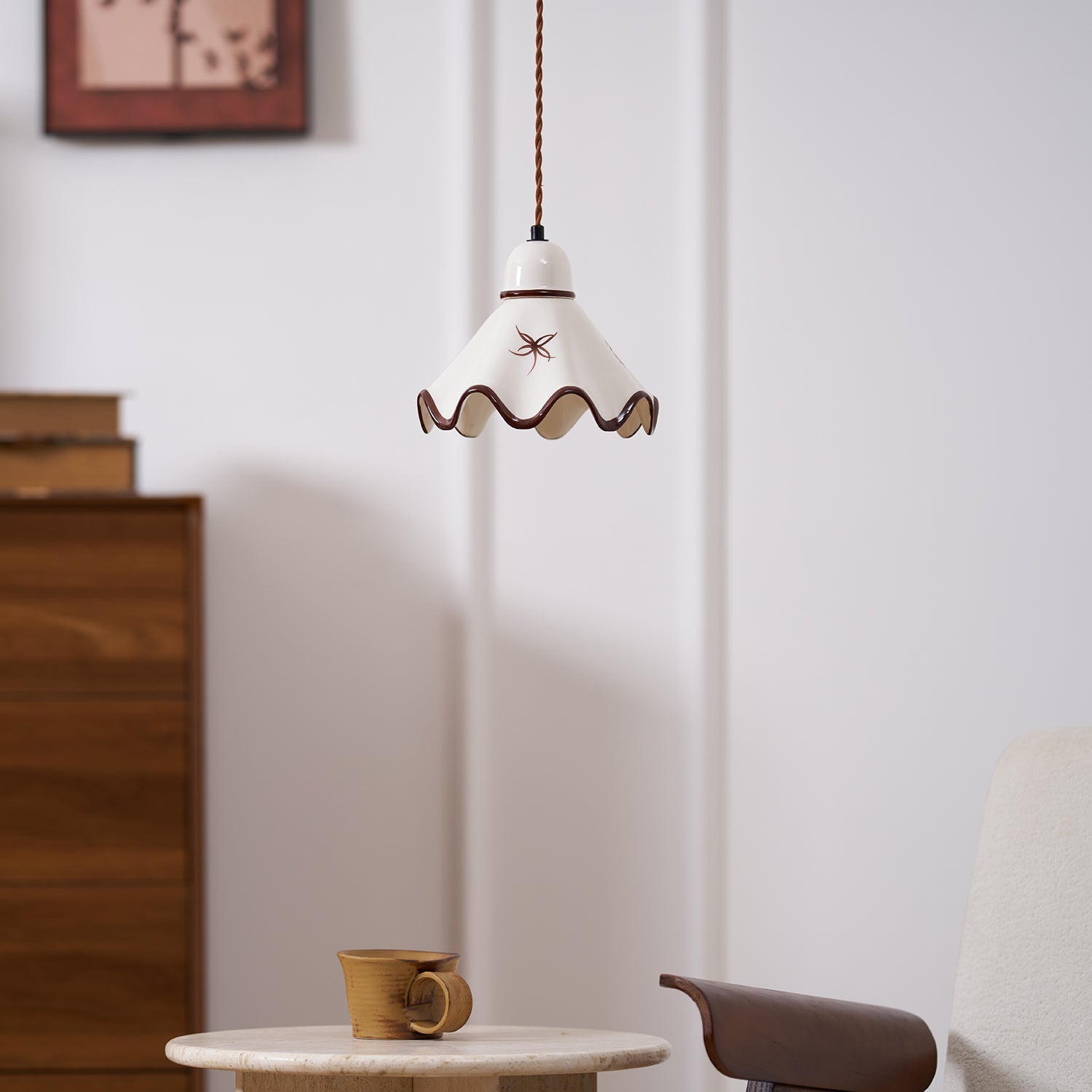 Pendant Lamp Ceramic Wavy Shade Rustic Brown Trim Retro Farmhouse