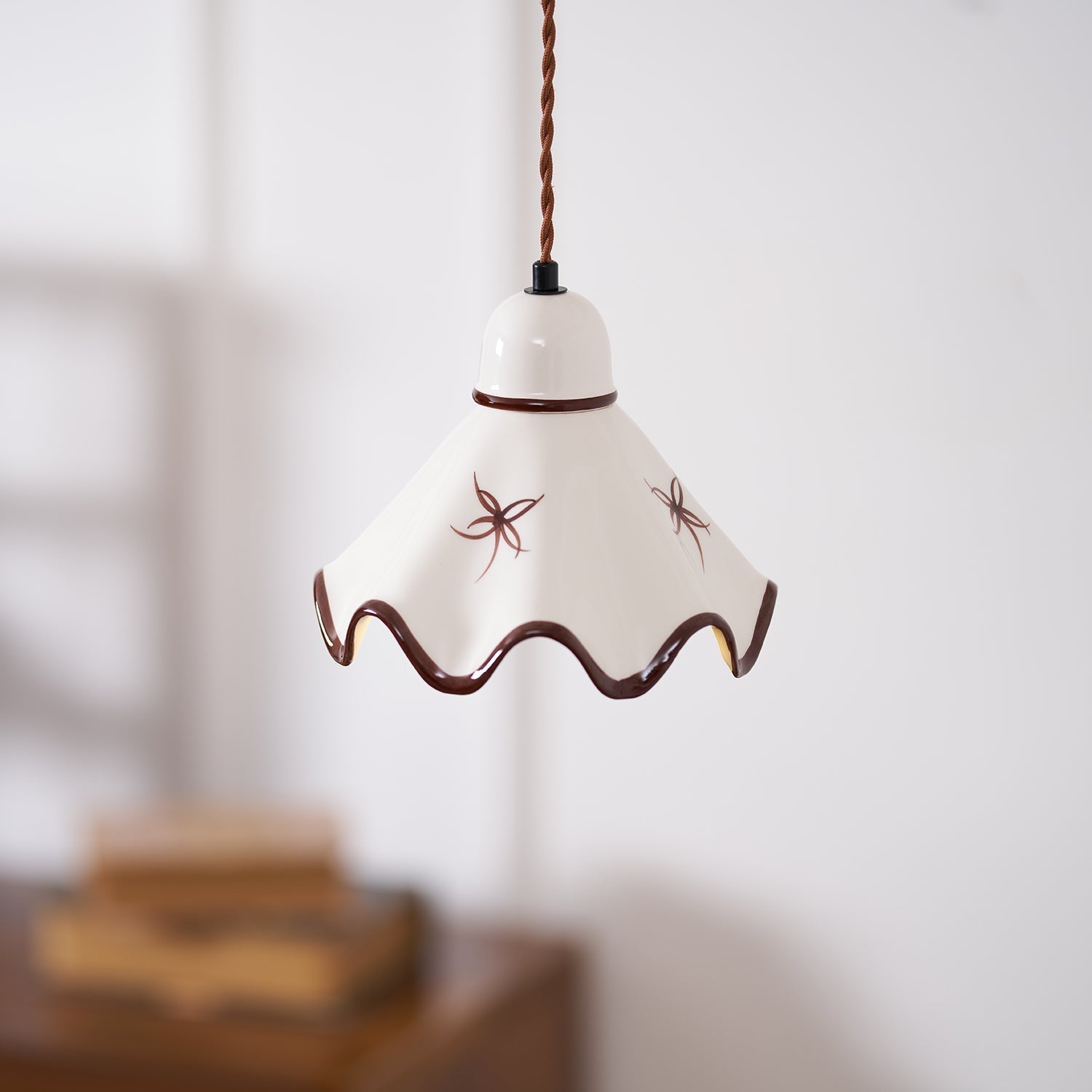Pendant Lamp Ceramic Wavy Shade Rustic Brown Trim Retro Farmhouse