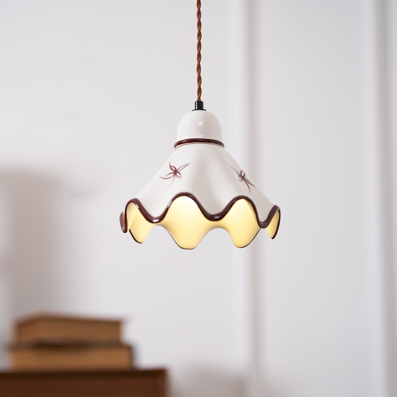 Pendant Lamp Ceramic Wavy Shade Rustic Brown Trim Retro Farmhouse