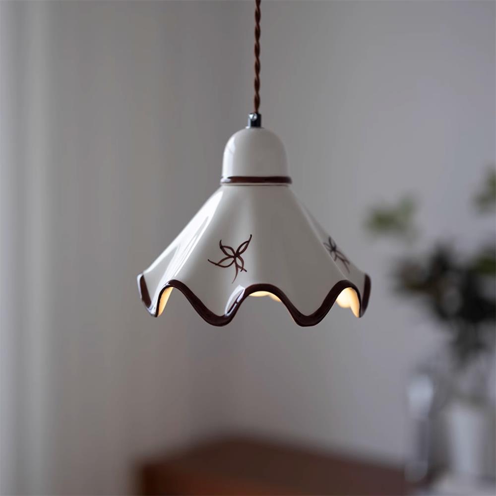 Pendant Lamp Ceramic Wavy Shade Rustic Brown Trim Retro Farmhouse