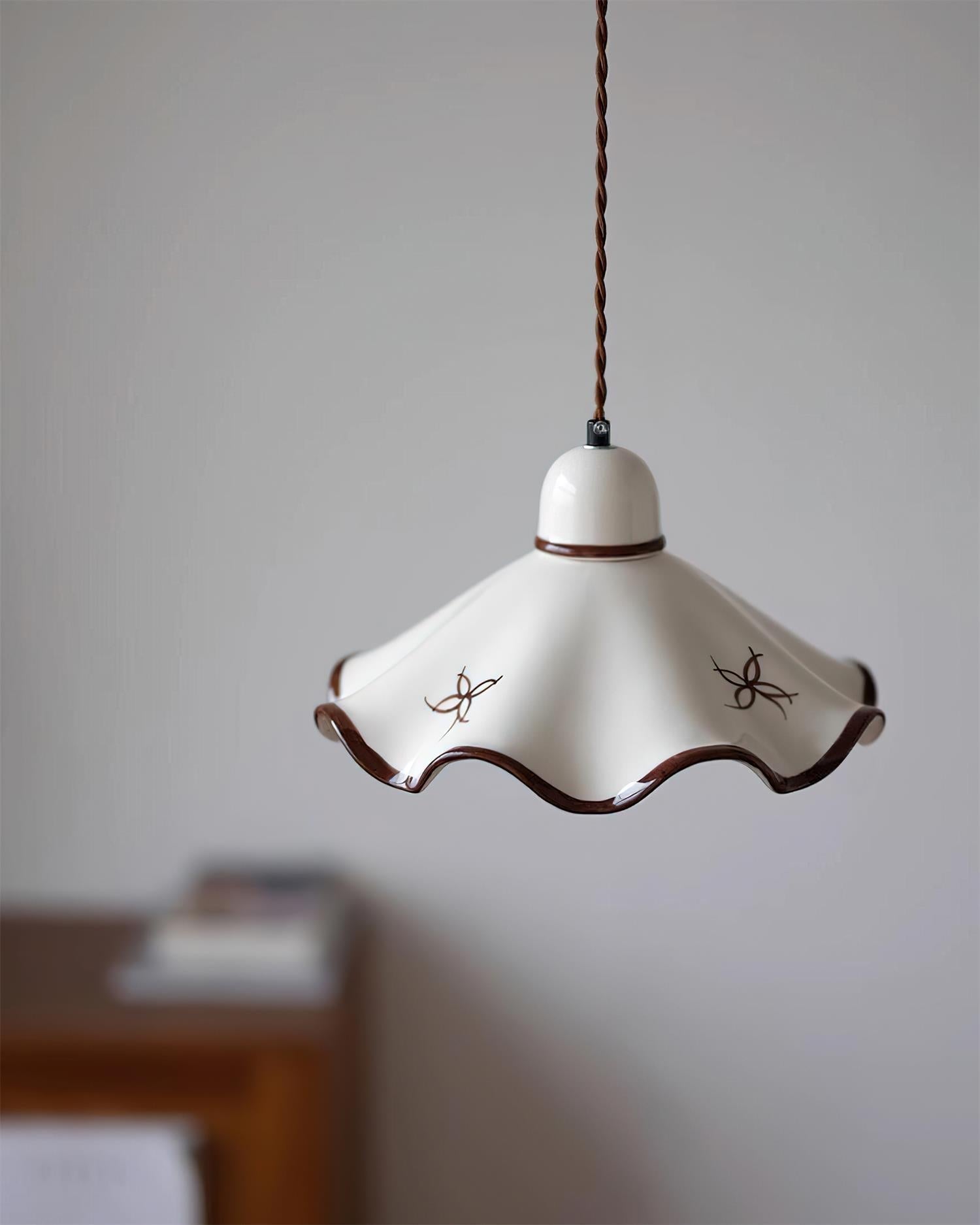 Pendant Lamp Ceramic Wavy Shade Rustic Brown Trim Retro Farmhouse