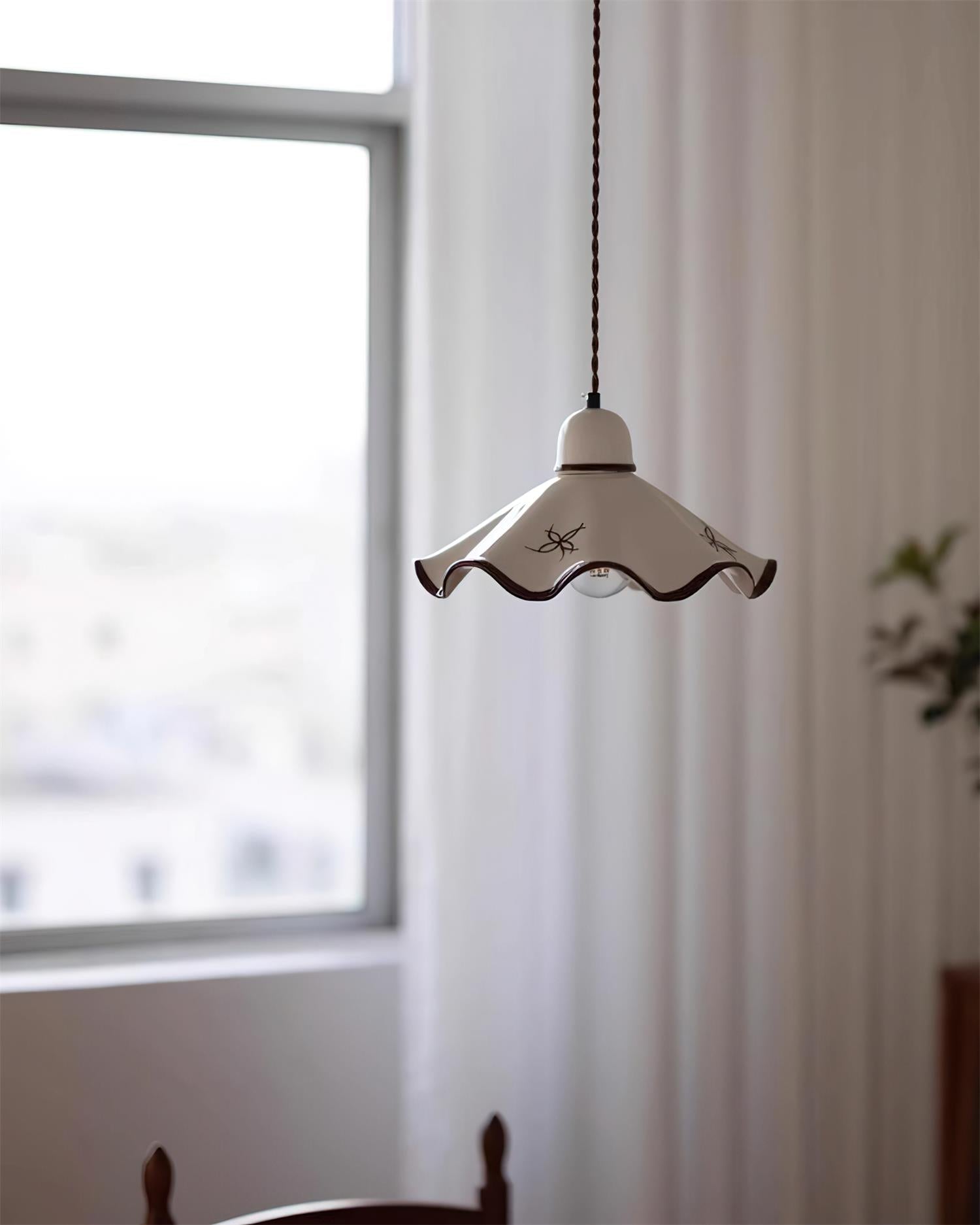 Pendant Lamp Ceramic Wavy Shade Rustic Brown Trim Retro Farmhouse