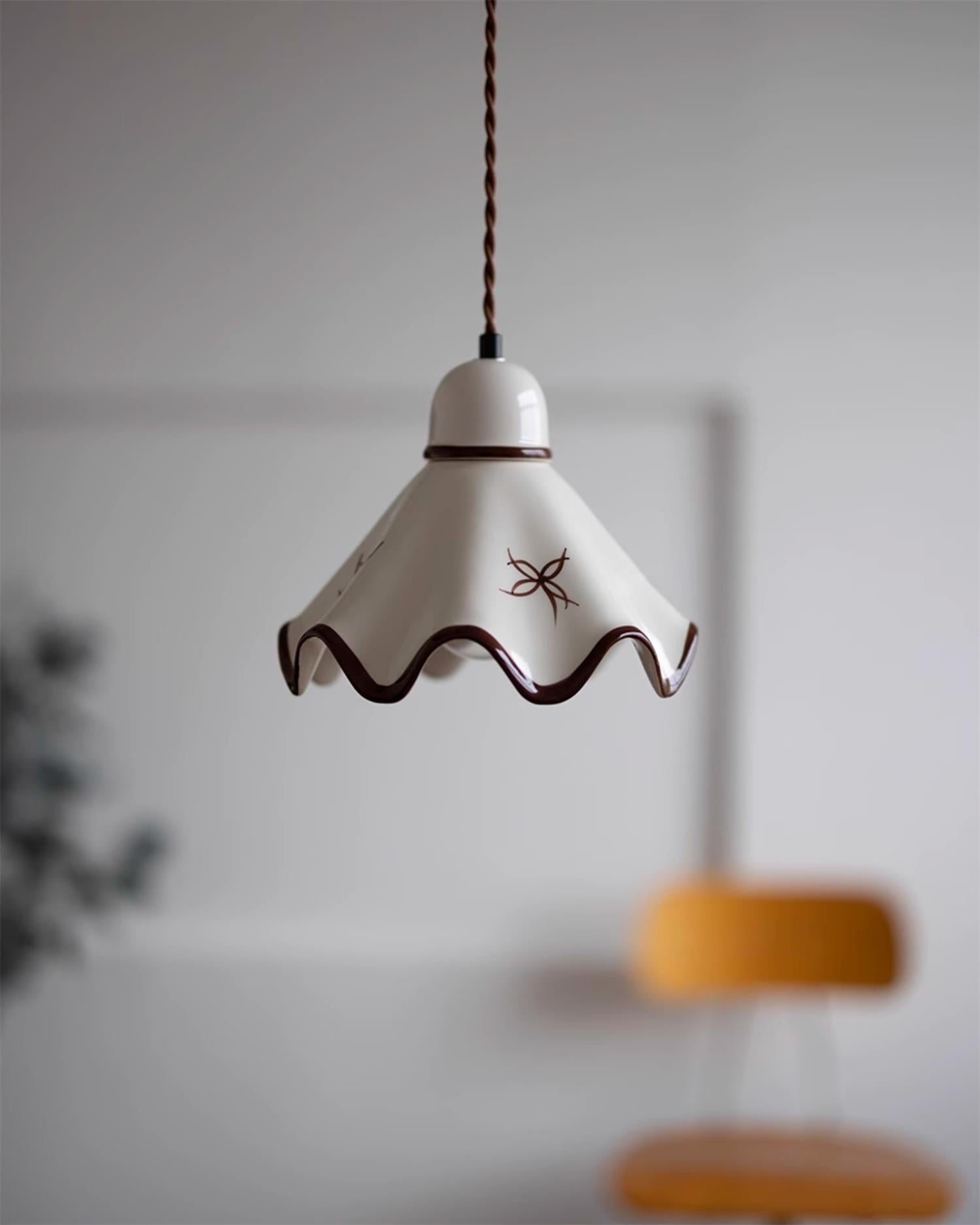 Pendant Lamp Ceramic Wavy Shade Rustic Brown Trim Retro Farmhouse