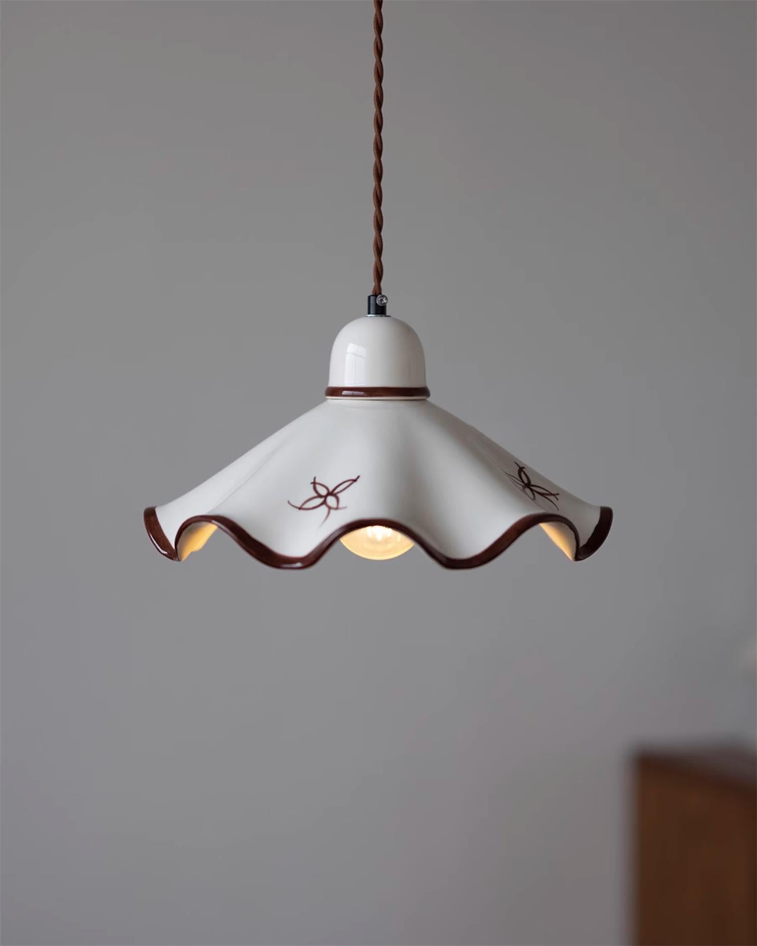 Pendant Lamp Ceramic Wavy Shade Rustic Brown Trim Retro Farmhouse