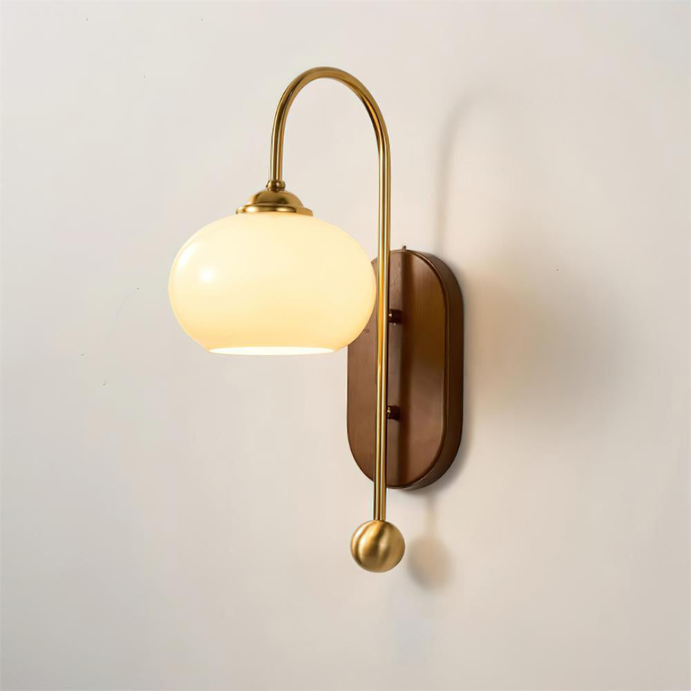 Wall Lamp Metal and Glass Smooth Globe with Wooden Backplate